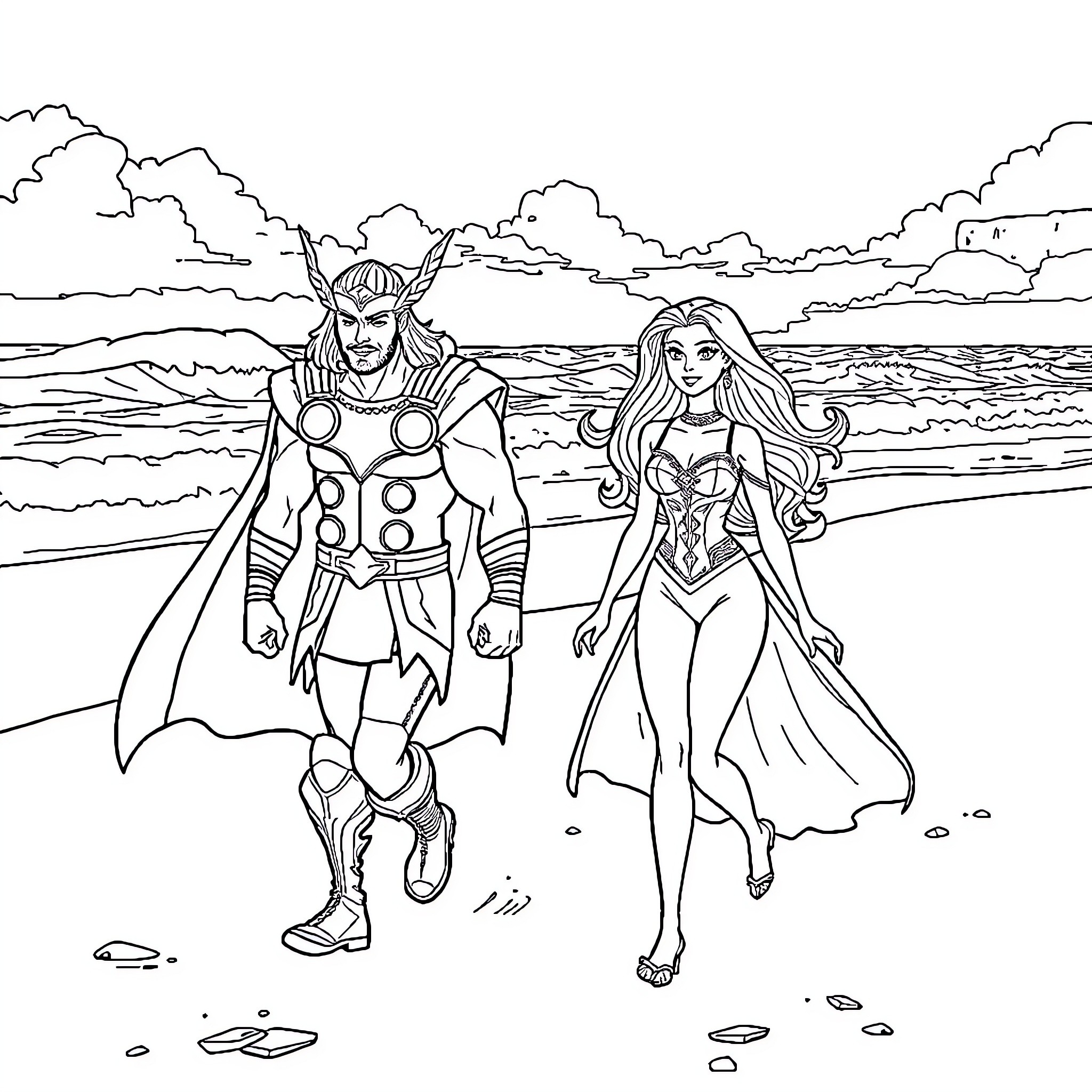 Thor and Lady Enjoying Seaside Adventure Coloring Page (free black-and-white line drawing printable PDF for all, from beginners to advanced learners, including children, teens, adults, and seniors)