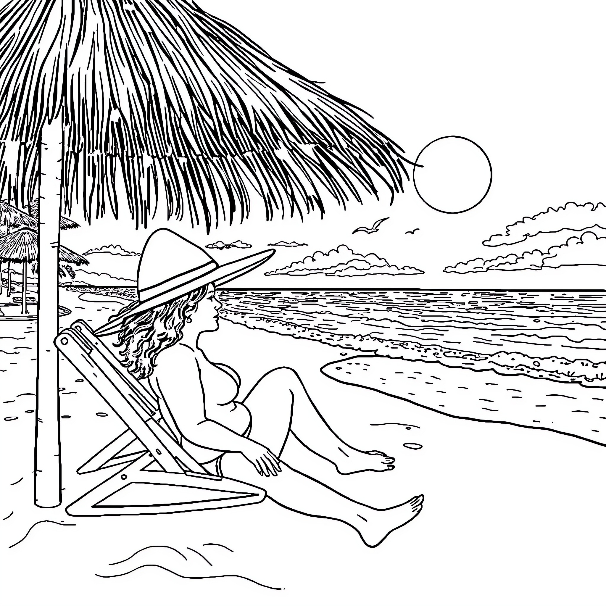 Intensely Serene Beachside Solitude Coloring Page (free black-and-white line drawing printable PDF for all, from beginners to advanced learners, including children, teens, adults, and seniors)