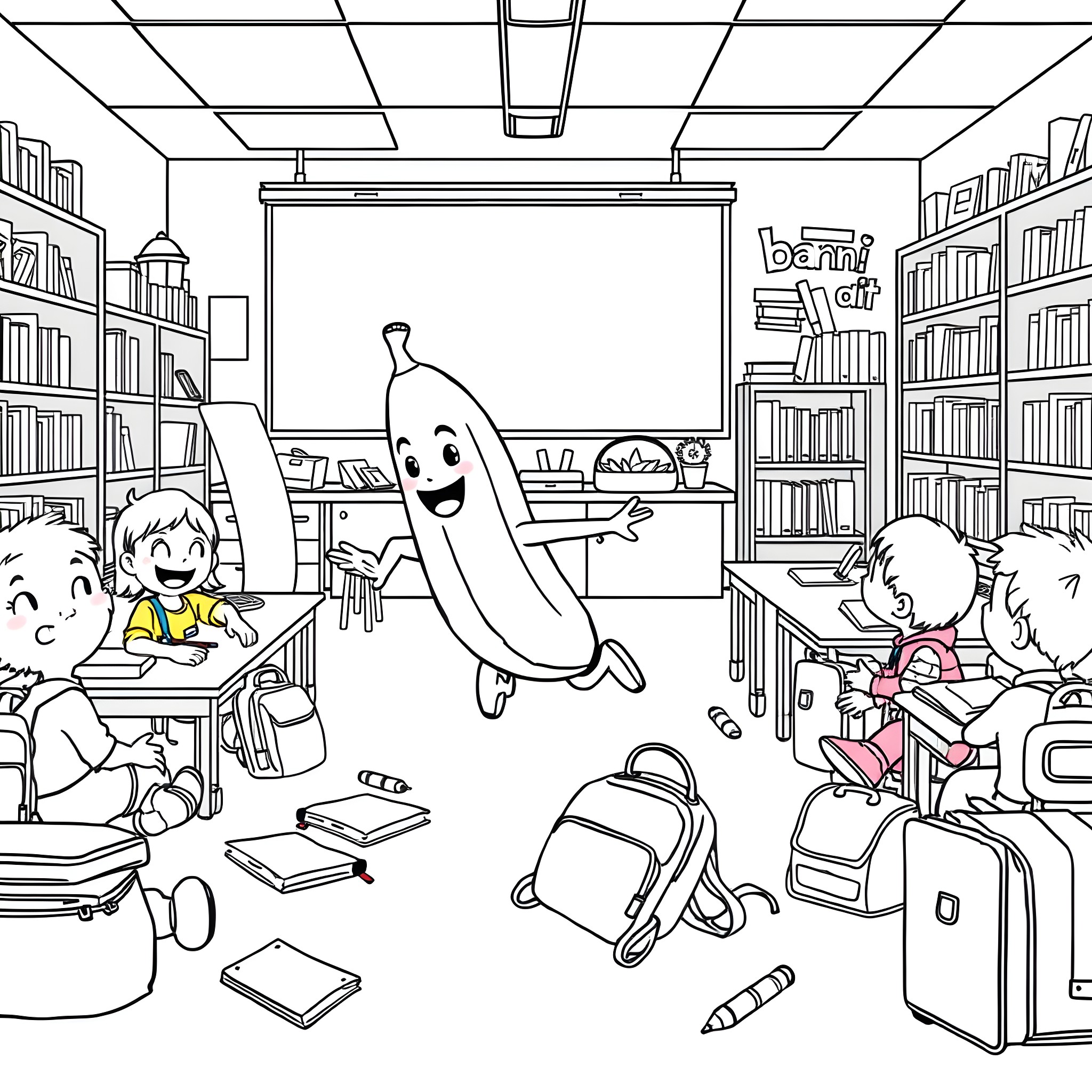 Banana dancing happily in the classroom Coloring Page (free black-and-white line drawing printable PDF for all, from beginners to advanced learners, including children, teens, adults, and seniors)
