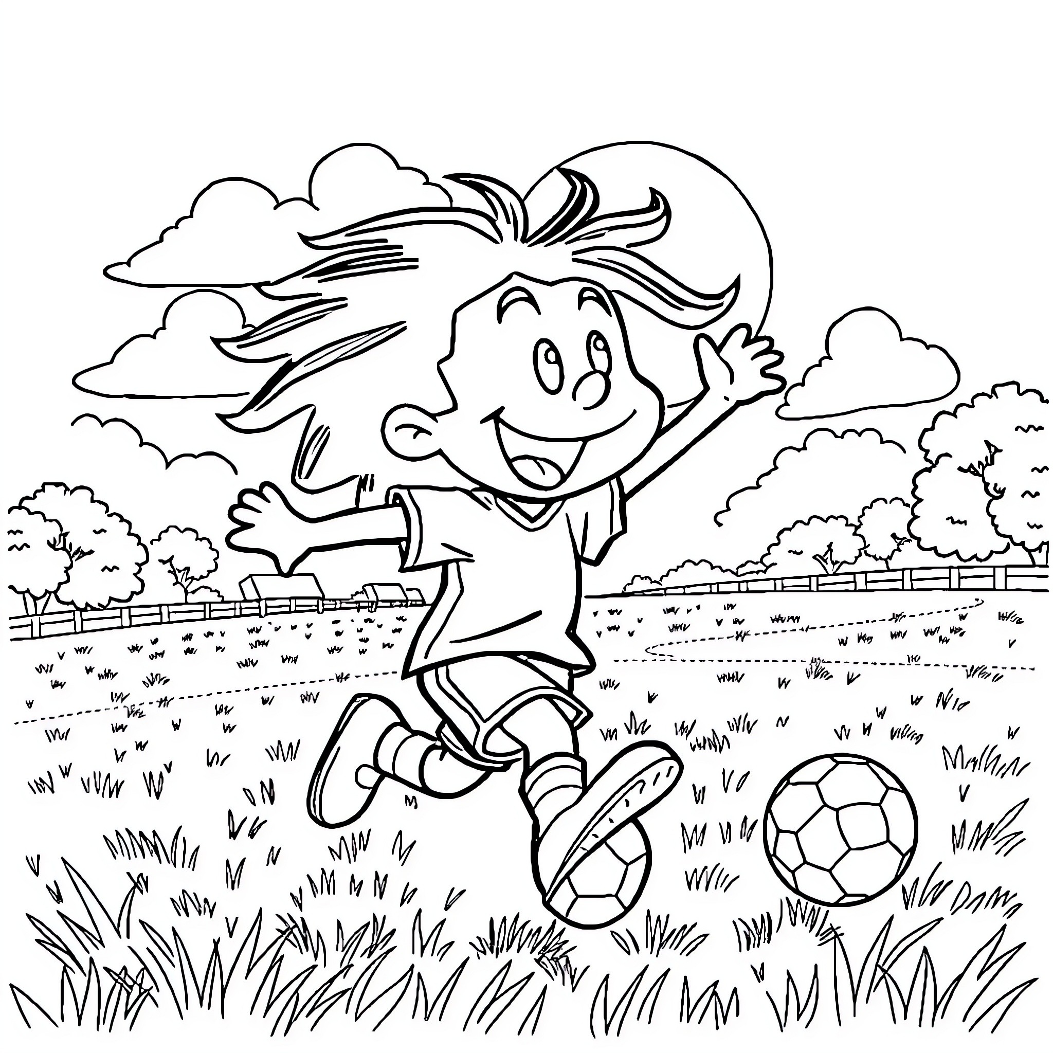 Dandy Boy Happily Kicking Soccer Balls in the Park Coloring Page (free black-and-white line drawing printable PDF for all, from beginners to advanced learners, including children, teens, adults, and seniors)