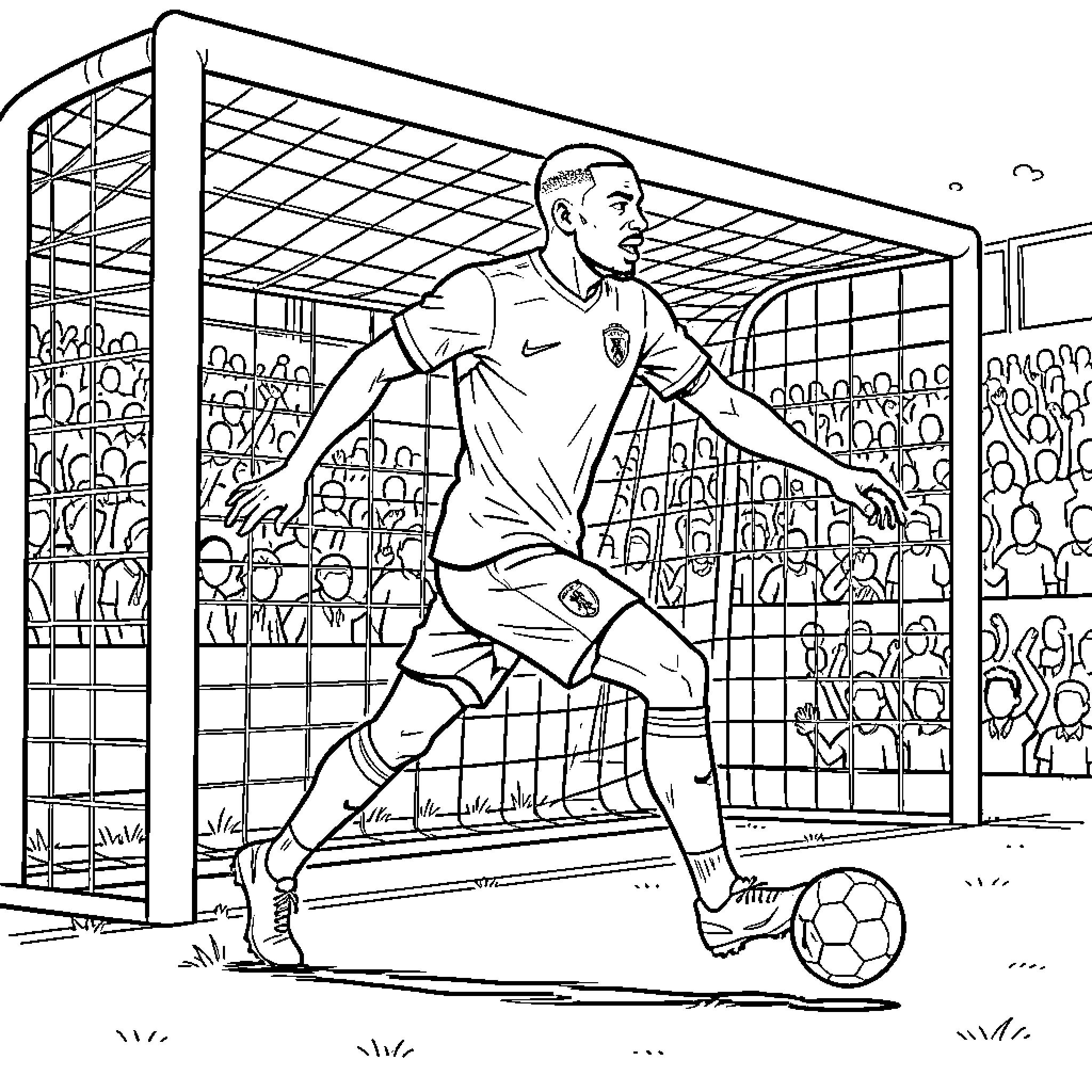 Mbappe dribbling a soccer ball near the goal Coloring Page (free black-and-white line drawing printable PDF for all, from beginners to advanced learners, including children, teens, adults, and seniors)
