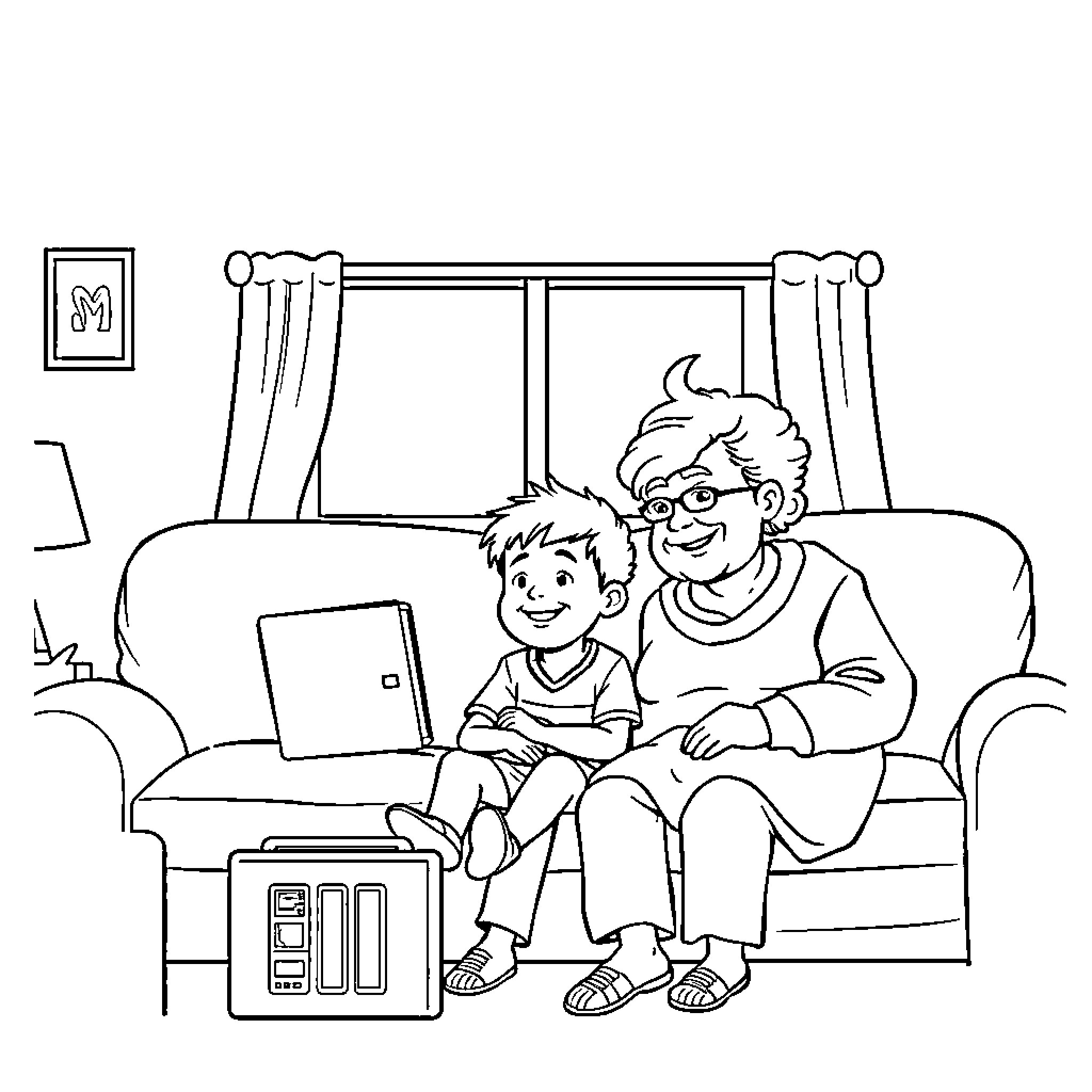 Kid and grandparent enjoying quality time together Coloring Page (free black-and-white line drawing printable PDF for all, from beginners to advanced learners, including children, teens, adults, and seniors)