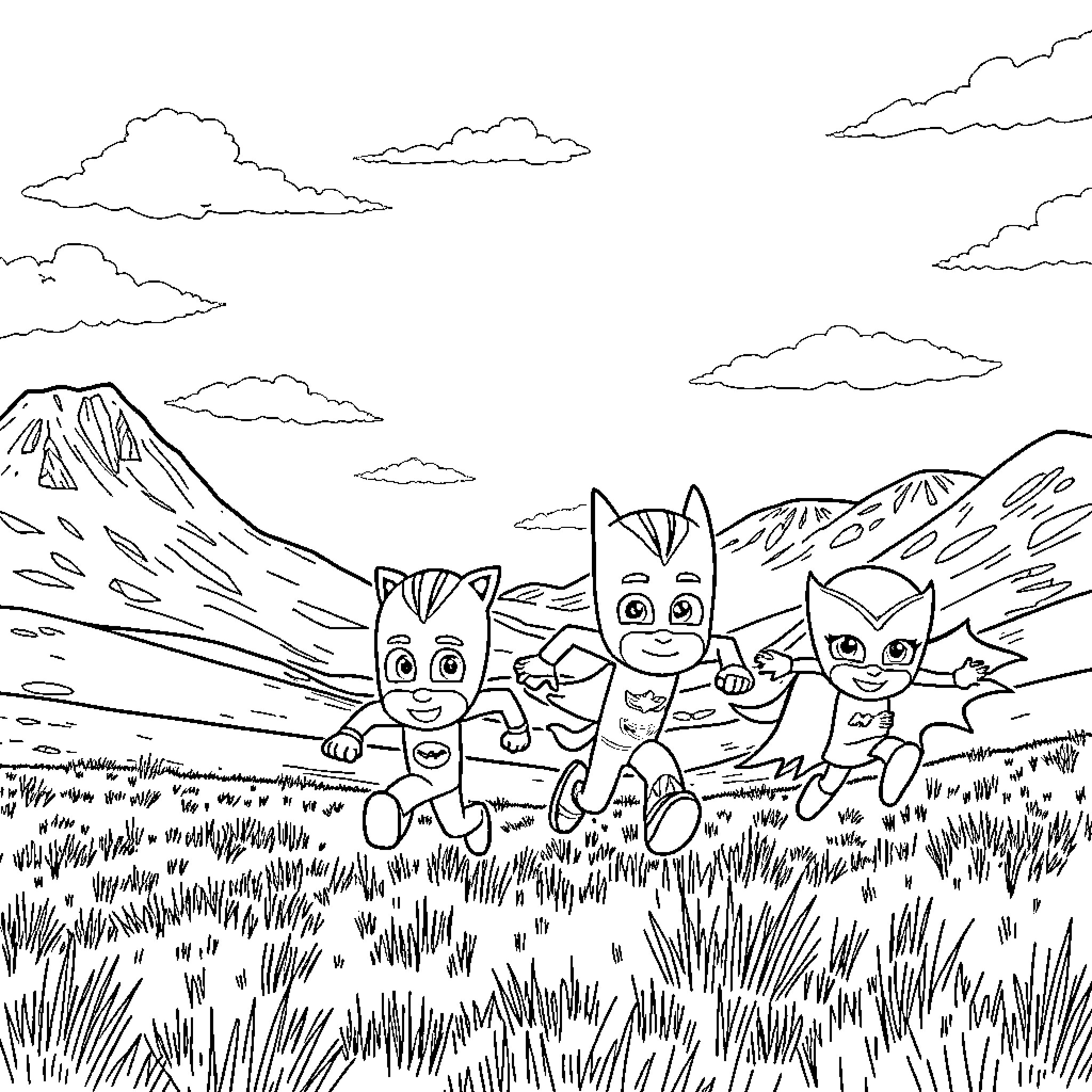 Pj Masks characters exploring the outdoor landscape Coloring Page (free black-and-white line drawing printable PDF for all, from beginners to advanced learners, including children, teens, adults, and seniors)