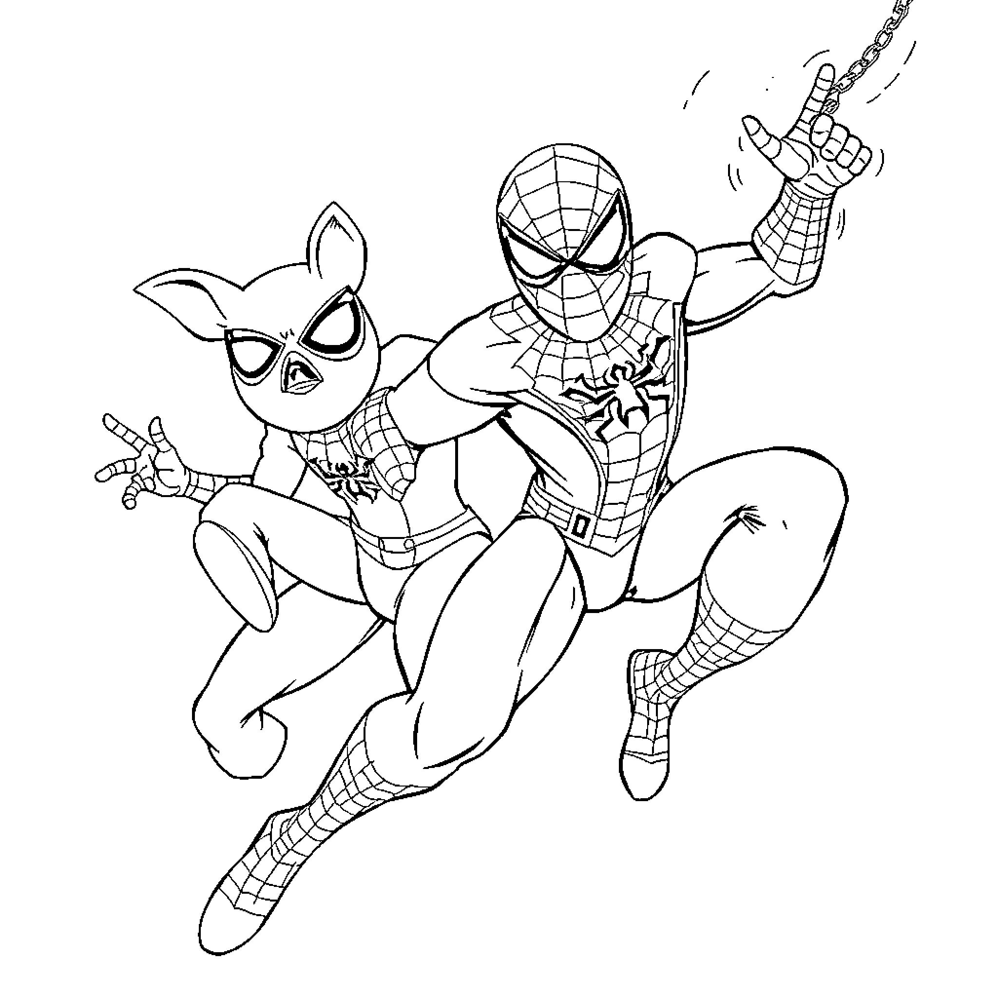 Pigiama Mask Heroes Swinging in Action Coloring Page (free black-and-white line drawing printable PDF for all, from beginners to advanced learners, including children, teens, adults, and seniors)