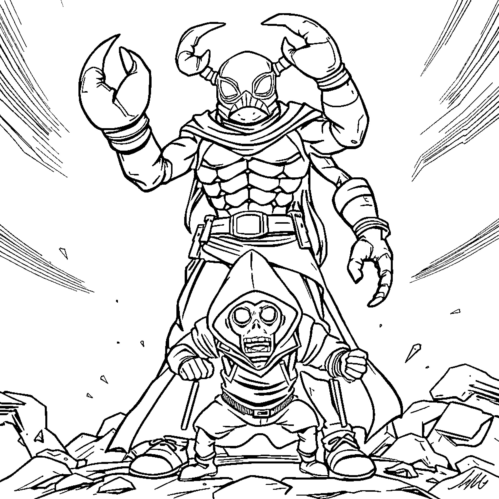 Crab-like Warrior Fighting Amidst Rubble Coloring Page (free black-and-white line drawing printable PDF for all, from beginners to advanced learners, including children, teens, adults, and seniors)