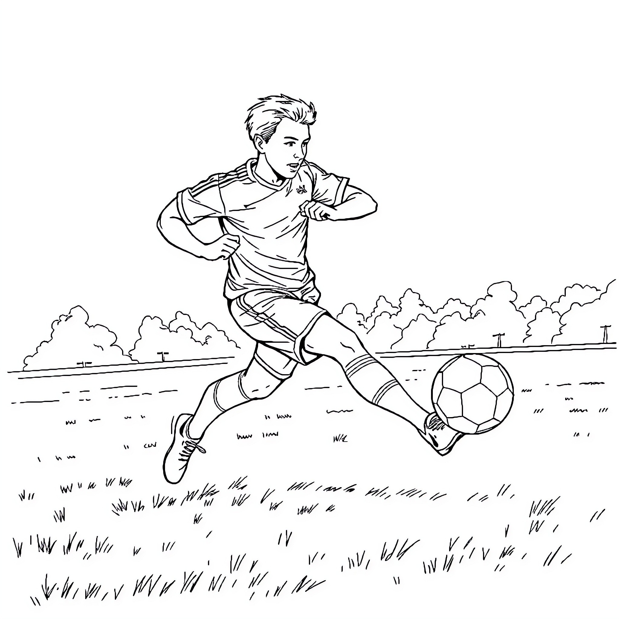 Footballer controlling the ball on the field Coloring Page (free black-and-white line drawing printable PDF for all, from beginners to advanced learners, including children, teens, adults, and seniors)