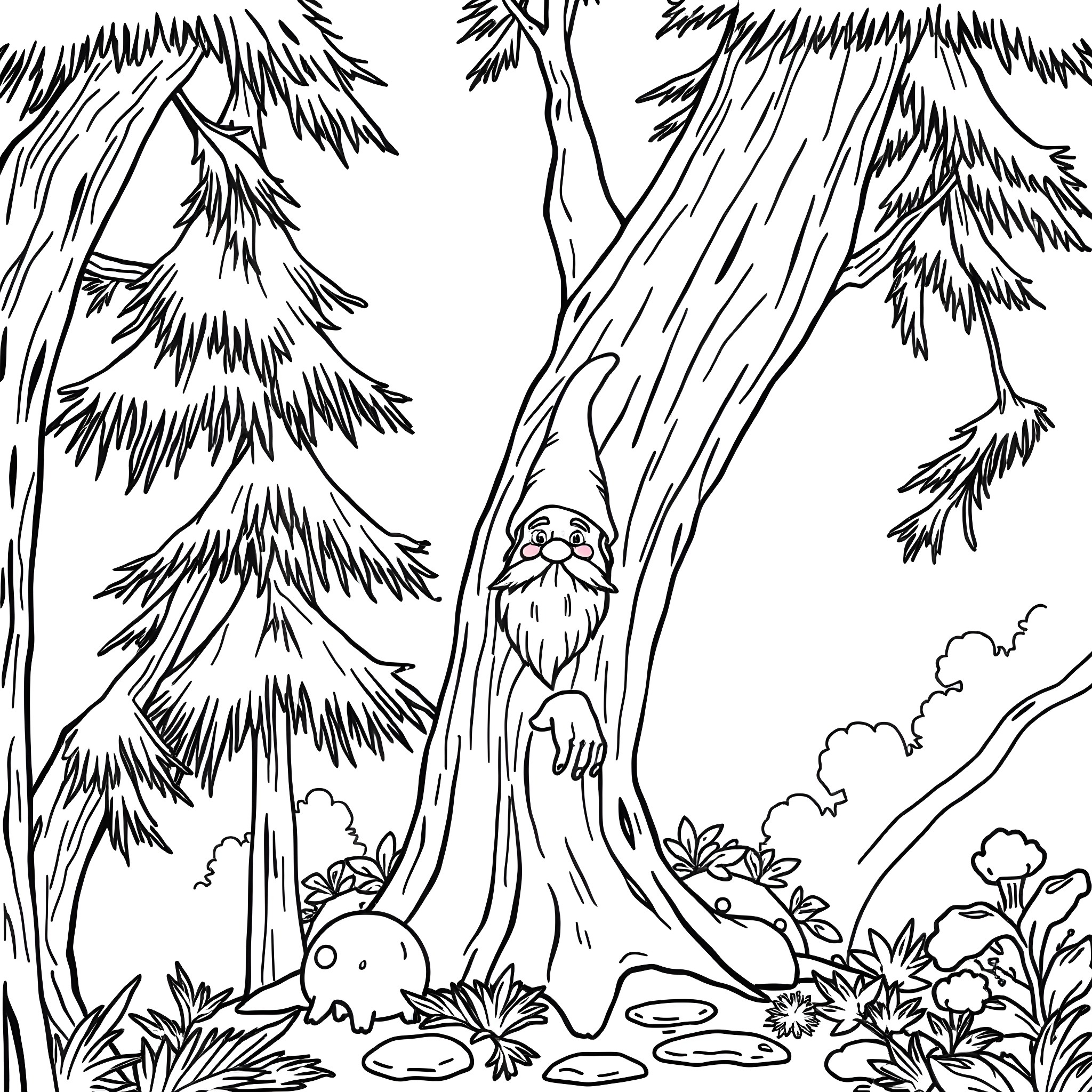 Gnome resting in the enchanted forest Coloring Page (free black-and-white line drawing printable PDF for all, from beginners to advanced learners, including children, teens, adults, and seniors)