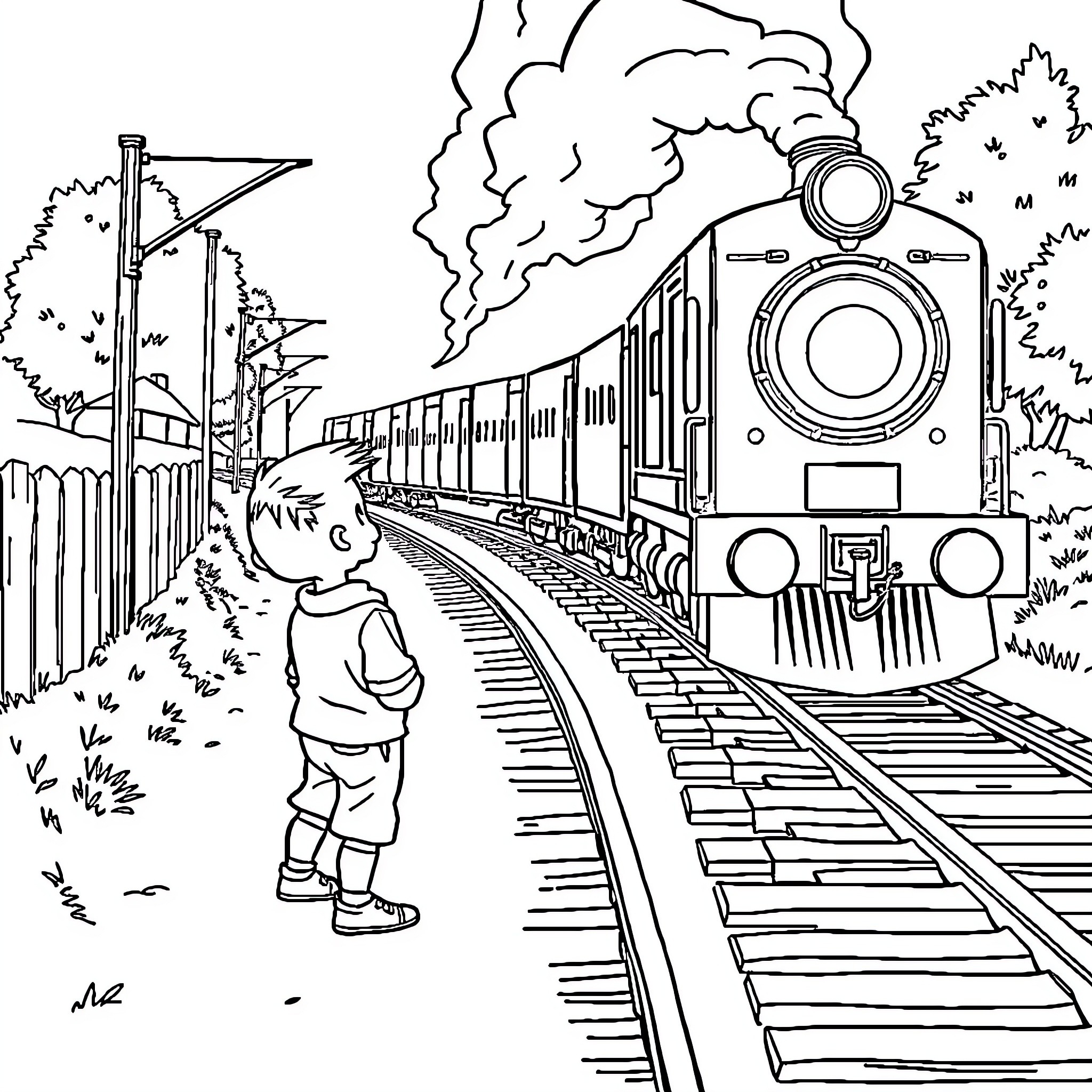 Boy watching steam train pass by on tracks Coloring Page (free black-and-white line drawing printable PDF for all, from beginners to advanced learners, including children, teens, adults, and seniors)