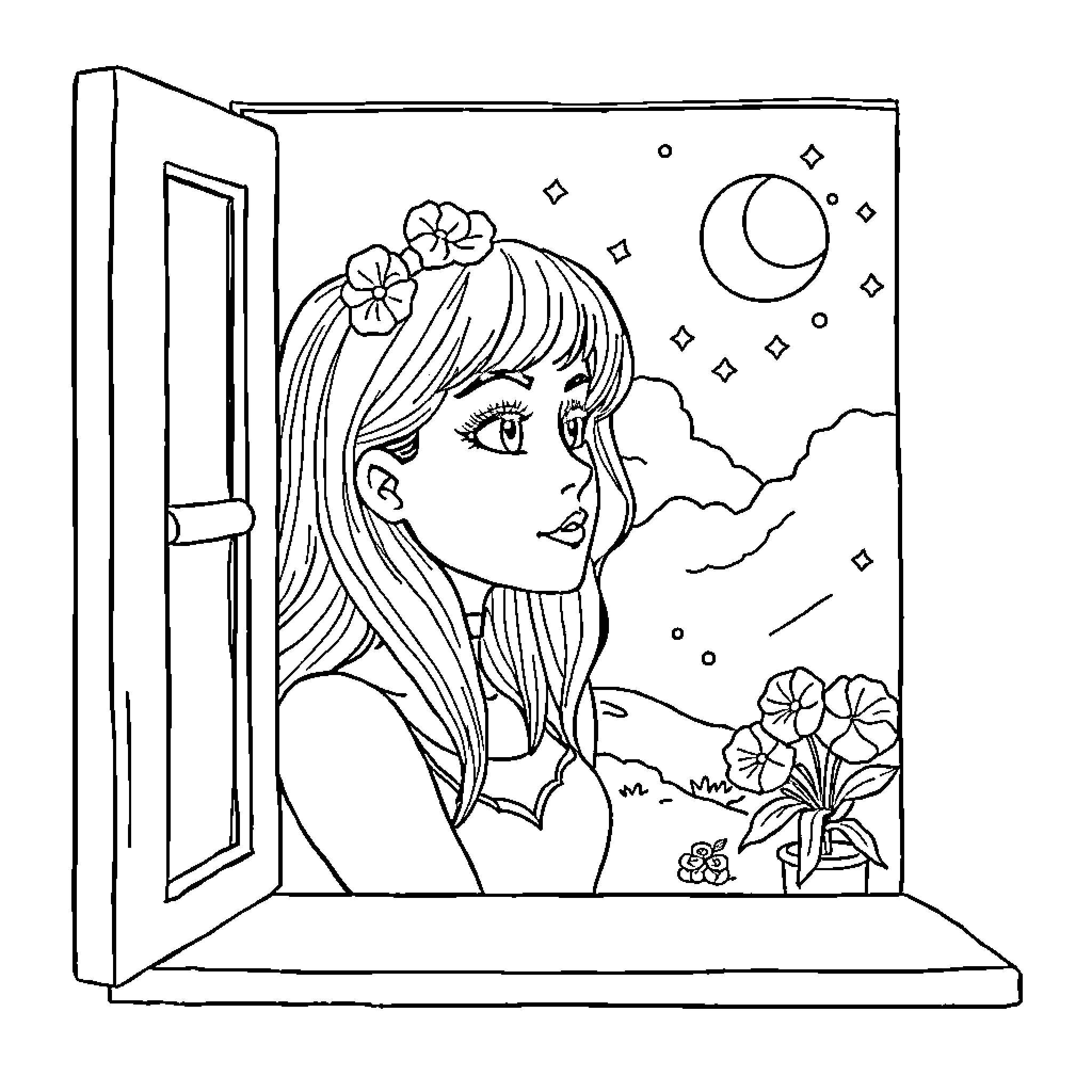 Bella Gazes at the Starry Night Sky Coloring Page (free black-and-white line drawing printable PDF for all, from beginners to advanced learners, including children, teens, adults, and seniors)