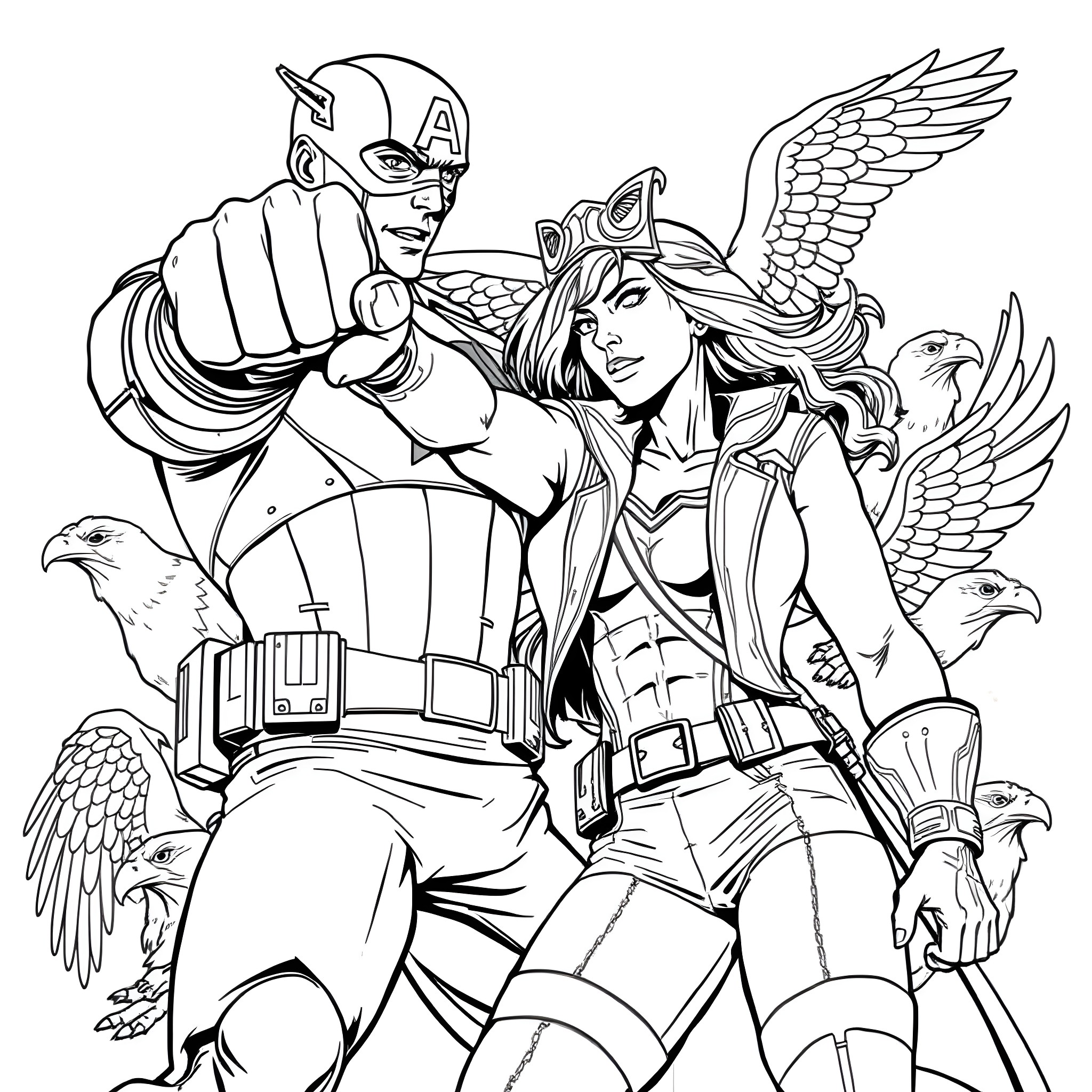 Captain America and Valkyrie in Action Coloring Page (free black-and-white line drawing printable PDF for all, from beginners to advanced learners, including children, teens, adults, and seniors)