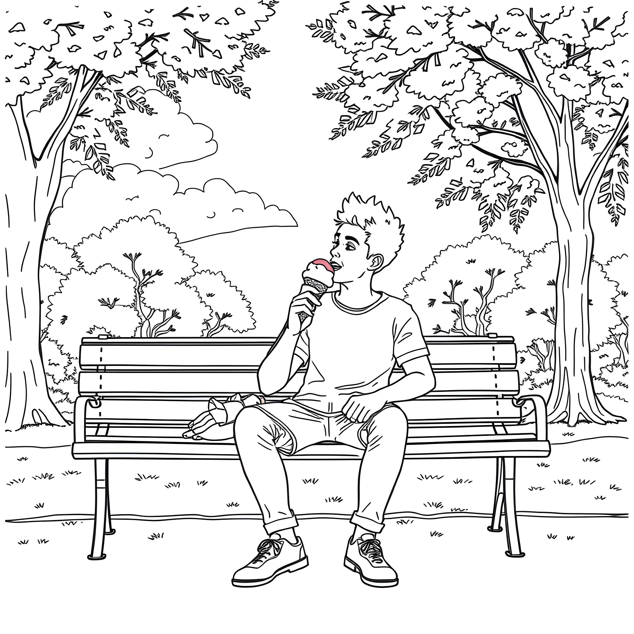 Jamal Murray relaxing on a park bench Coloring Page (free black-and-white line drawing printable PDF for all, from beginners to advanced learners, including children, teens, adults, and seniors)