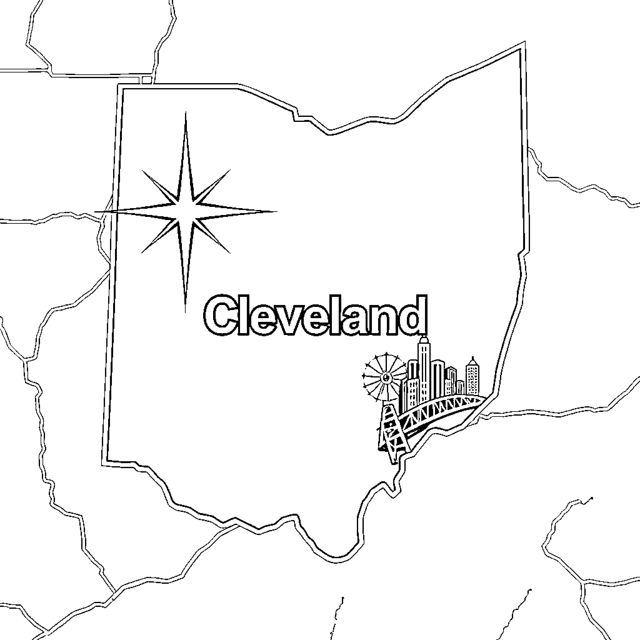 Map of Cleveland with Skyline Coloring Page (free black-and-white line drawing printable PDF for all, from beginners to advanced learners, including children, teens, adults, and seniors)