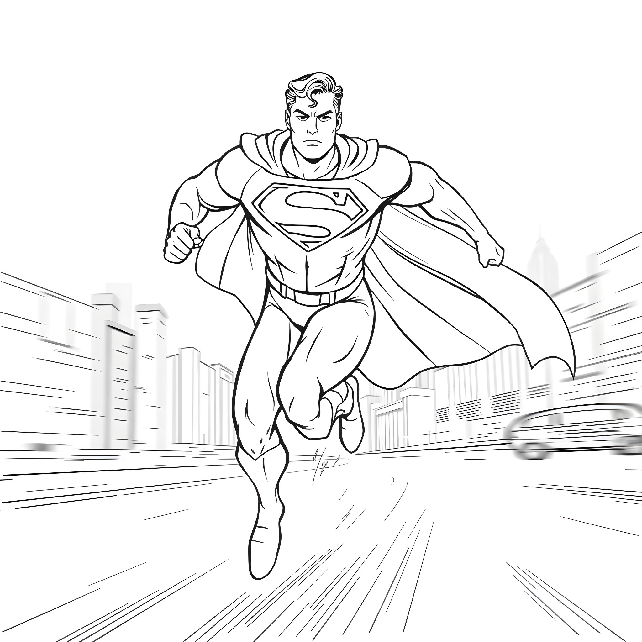Superman heroically rushing through the city Coloring Page (free black-and-white line drawing printable PDF for all, from beginners to advanced learners, including children, teens, adults, and seniors)