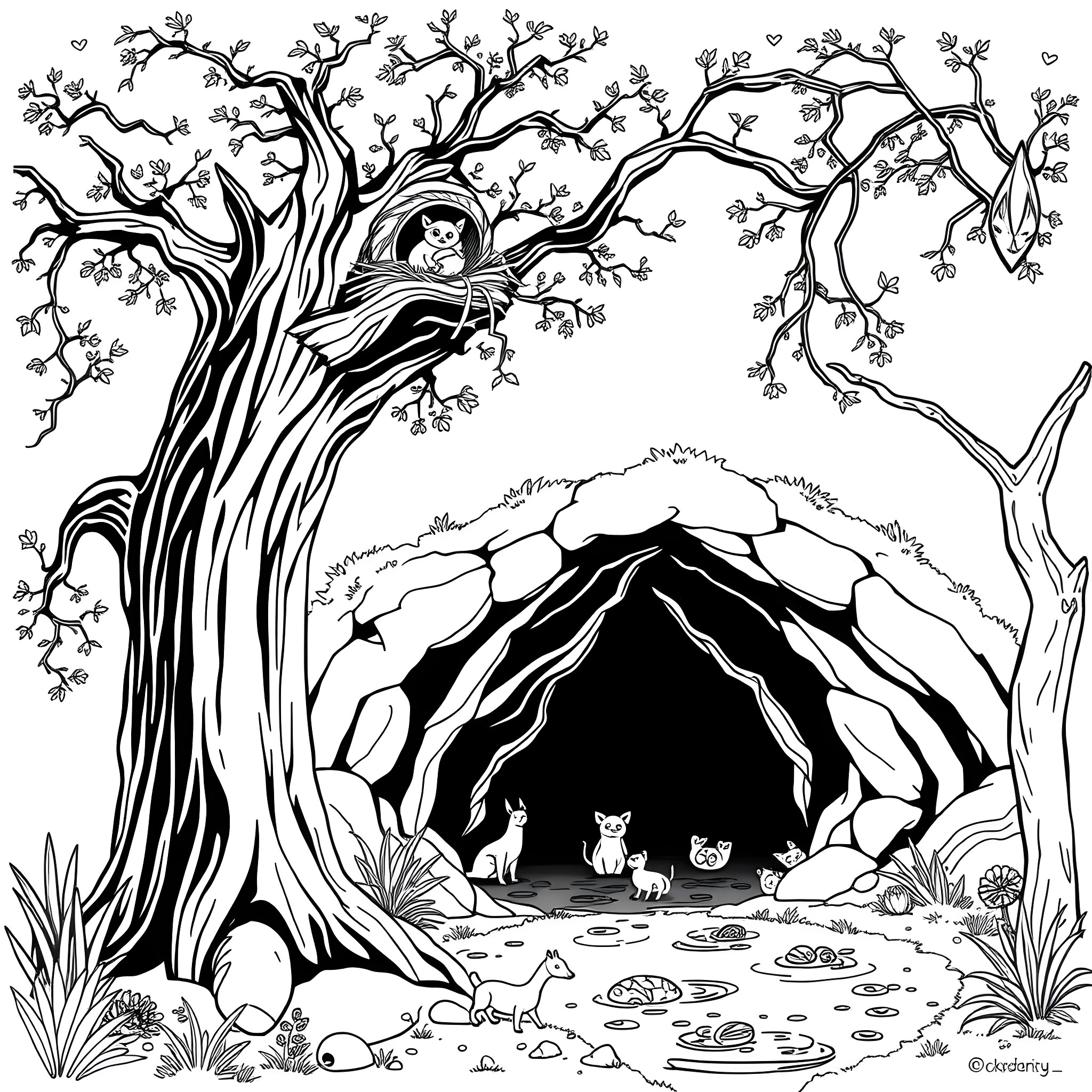 Animal Home in the Enchanted Forest Coloring Page (free black-and-white line drawing printable PDF for all, from beginners to advanced learners, including children, teens, adults, and seniors)