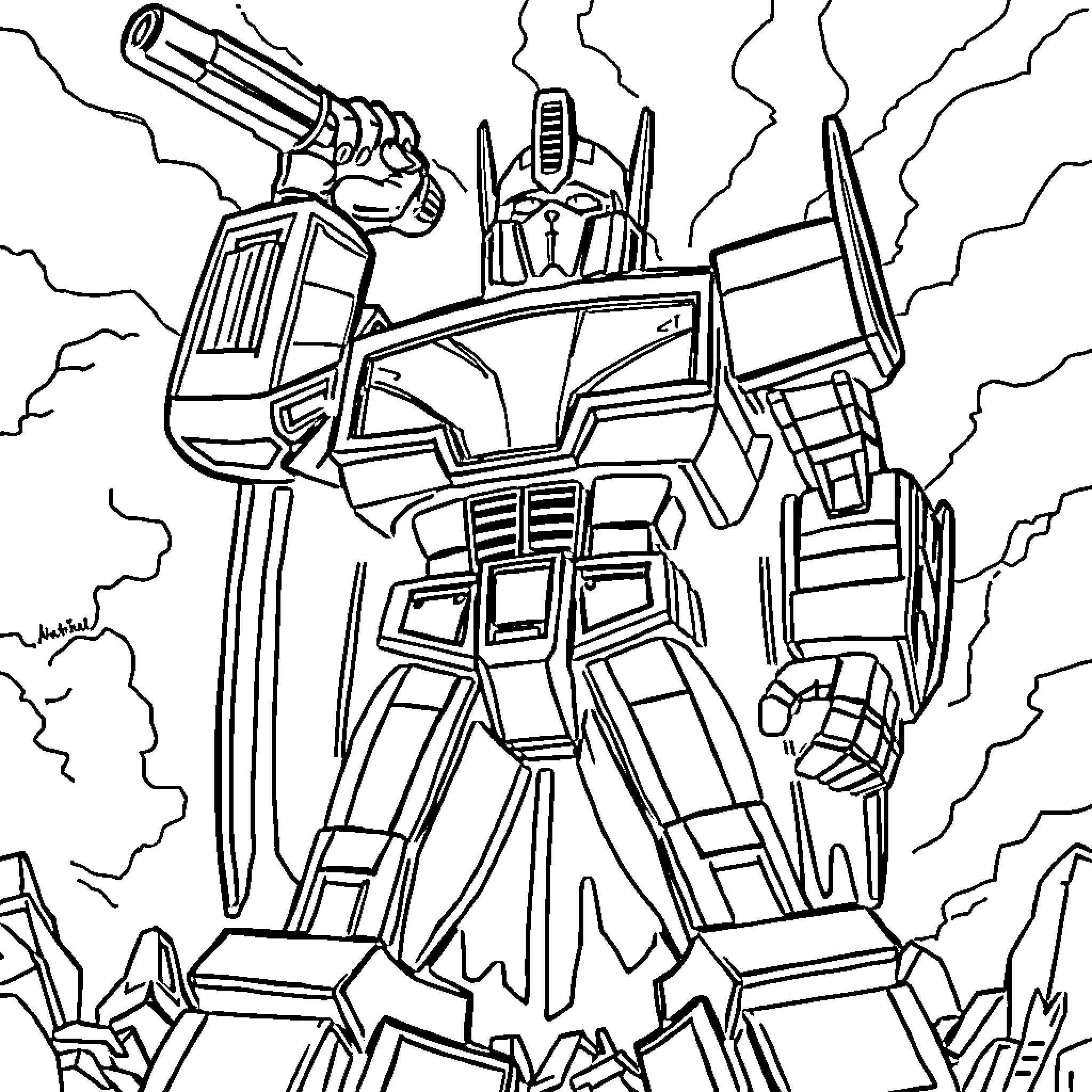 Megatron, the Powerful Transformer Unleashing Destruction Coloring Page (free black-and-white line drawing printable PDF for all, from beginners to advanced learners, including children, teens, adults, and seniors)