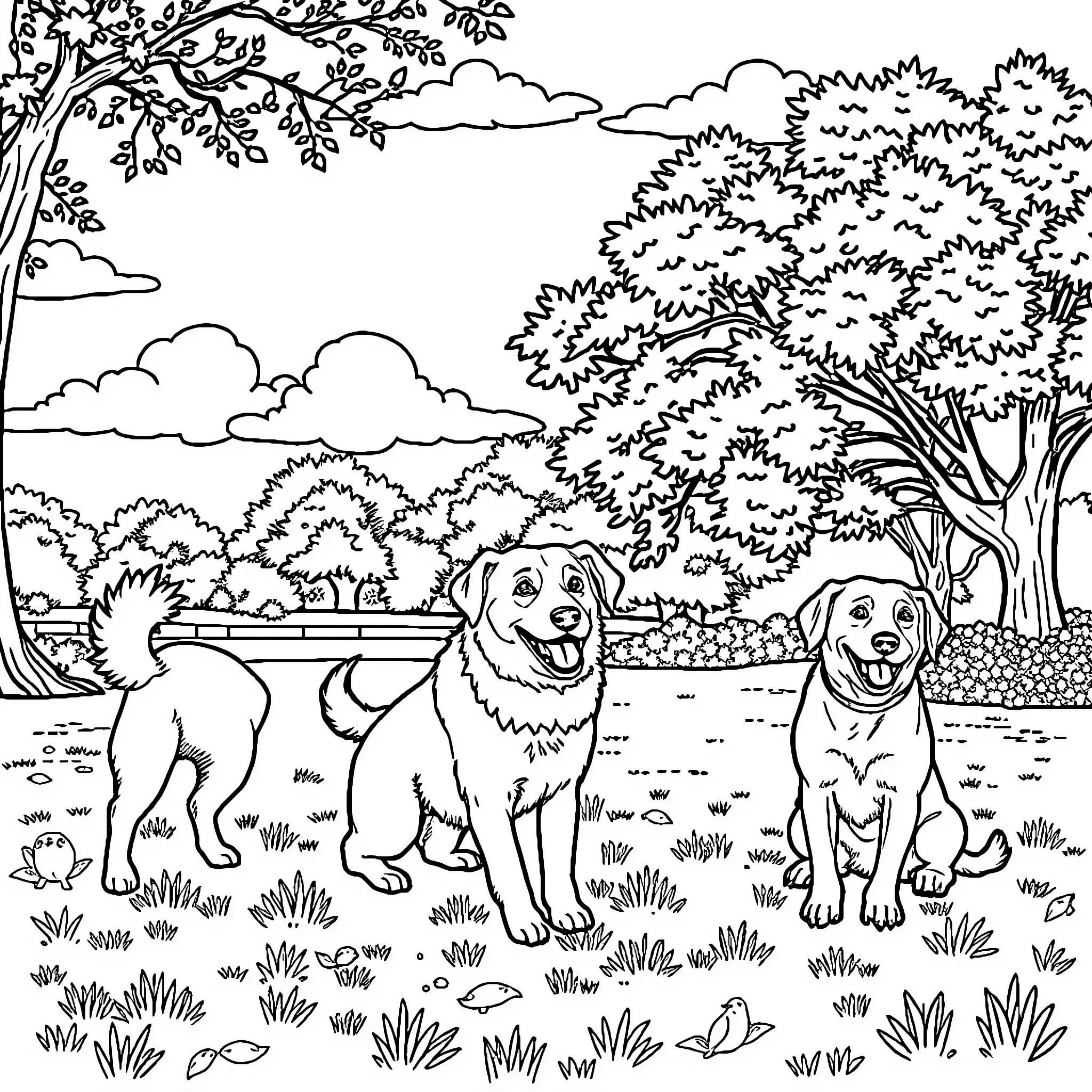 Dogs playing joyfully in the park Coloring Page (free black-and-white line drawing printable PDF for all, from beginners to advanced learners, including children, teens, adults, and seniors)