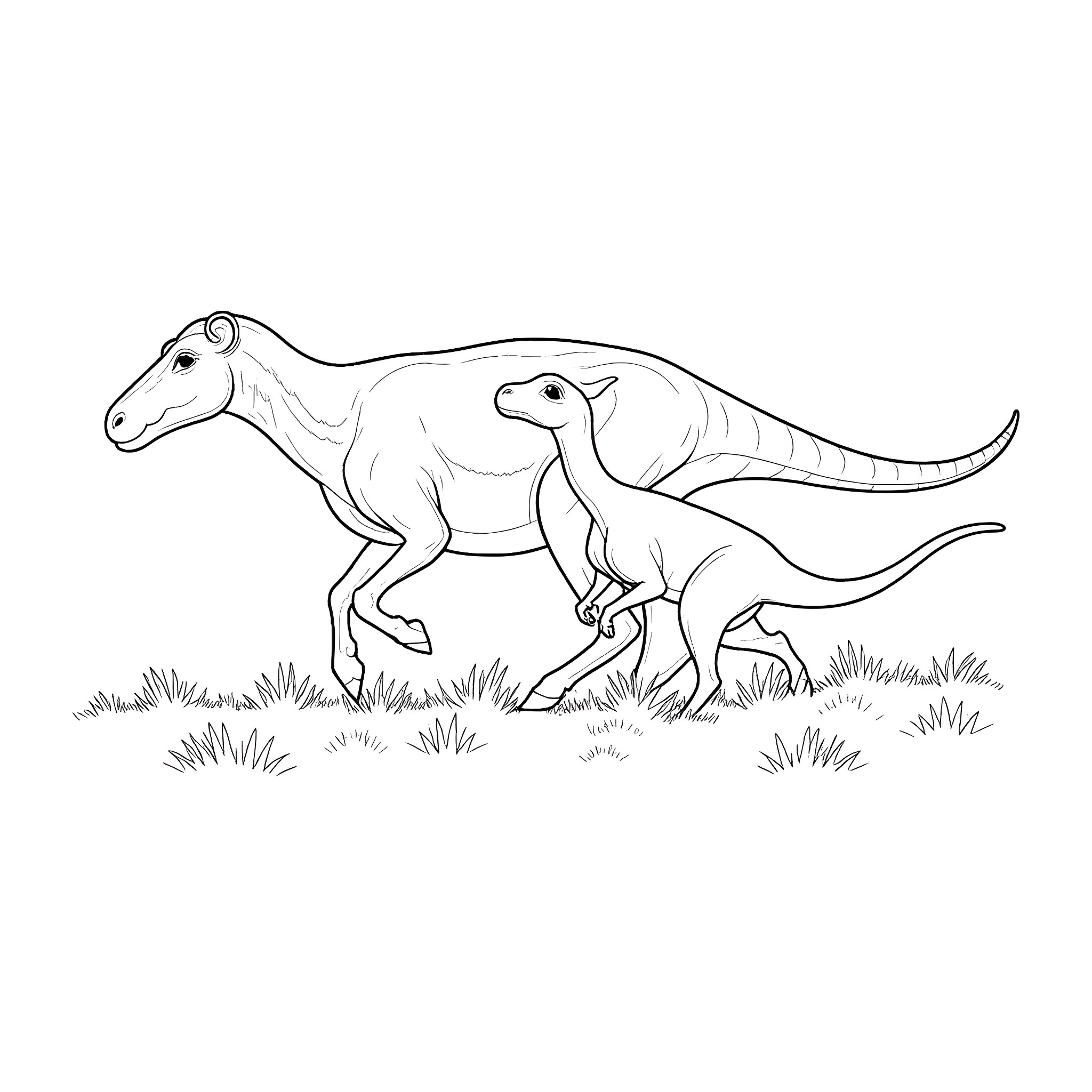 Ram and baby dinosaur walking in nature Coloring Page (free black-and-white line drawing printable PDF for all, from beginners to advanced learners, including children, teens, adults, and seniors)