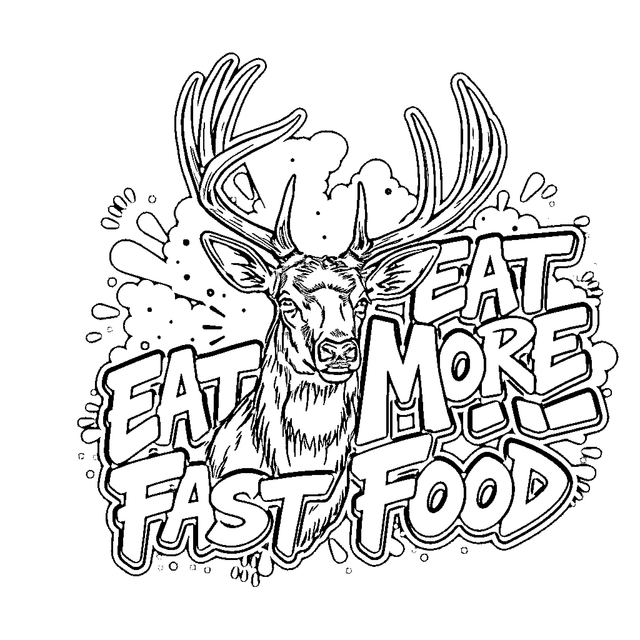 Deer eating more fast food Coloring Page (free black-and-white line drawing printable PDF for all, from beginners to advanced learners, including children, teens, adults, and seniors)