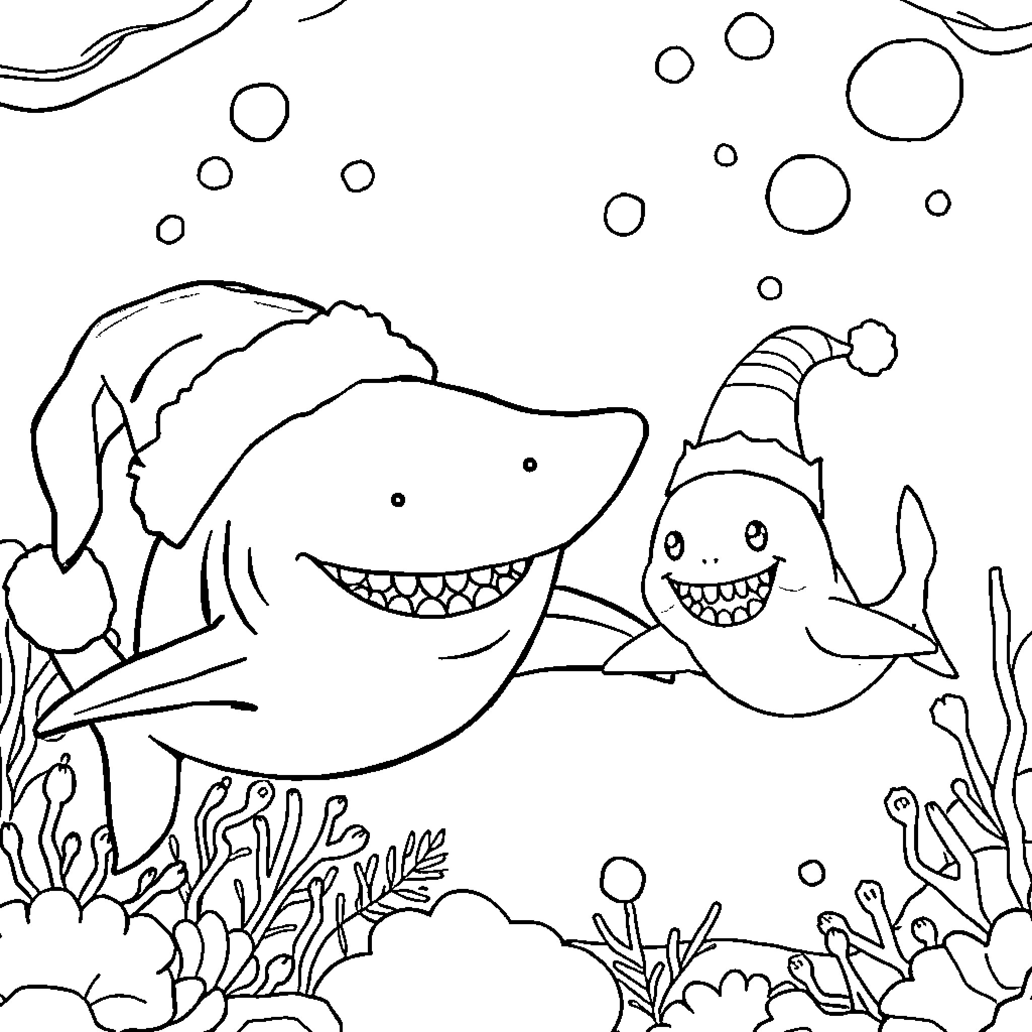 Shark friends enjoying the underwater world Coloring Page (free black-and-white line drawing printable PDF for all, from beginners to advanced learners, including children, teens, adults, and seniors)