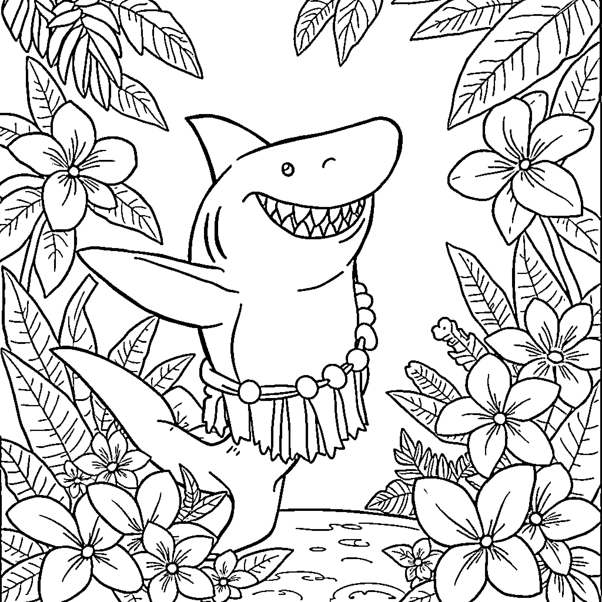 Shark playing joyfully in tropical jungle scene Coloring Page (free black-and-white line drawing printable PDF for all, from beginners to advanced learners, including children, teens, adults, and seniors)