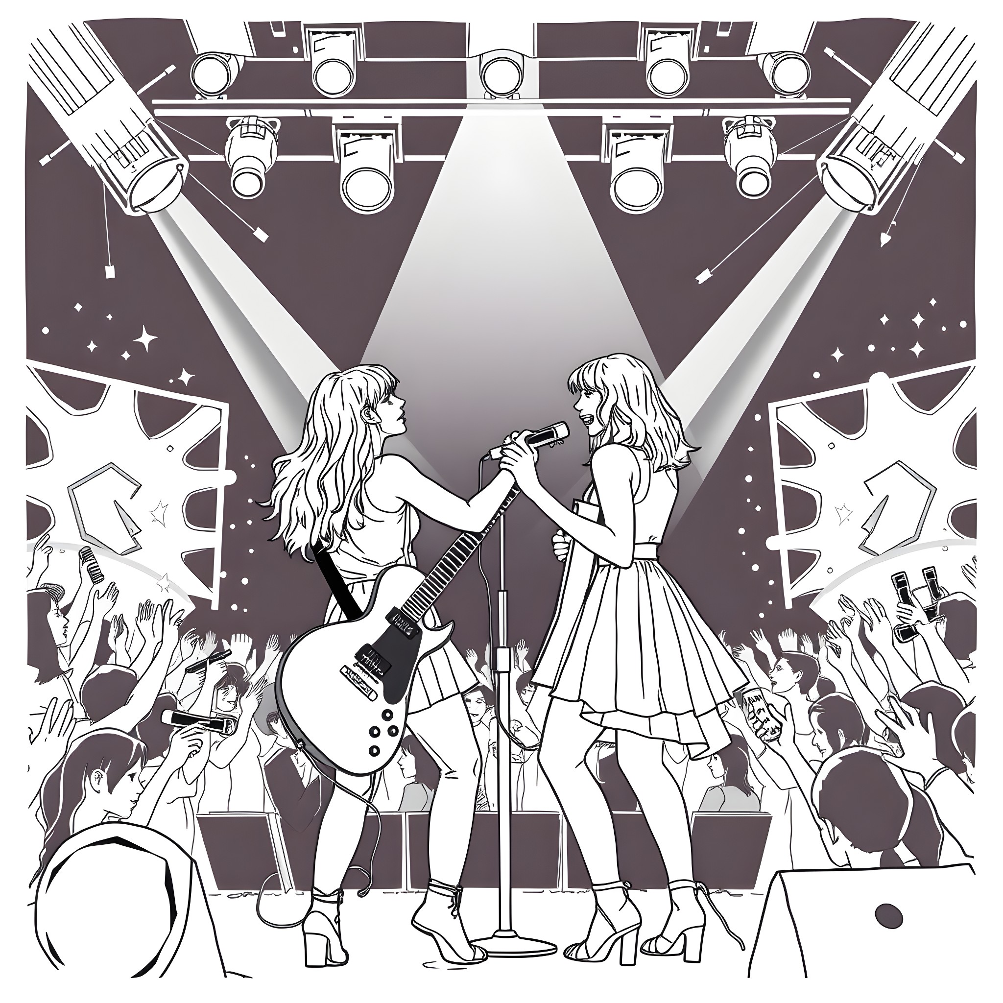 Olivia Rodrigo's Captivating Music Performance on Stage Coloring Page (free black-and-white line drawing printable PDF for all, from beginners to advanced learners, including children, teens, adults, and seniors)