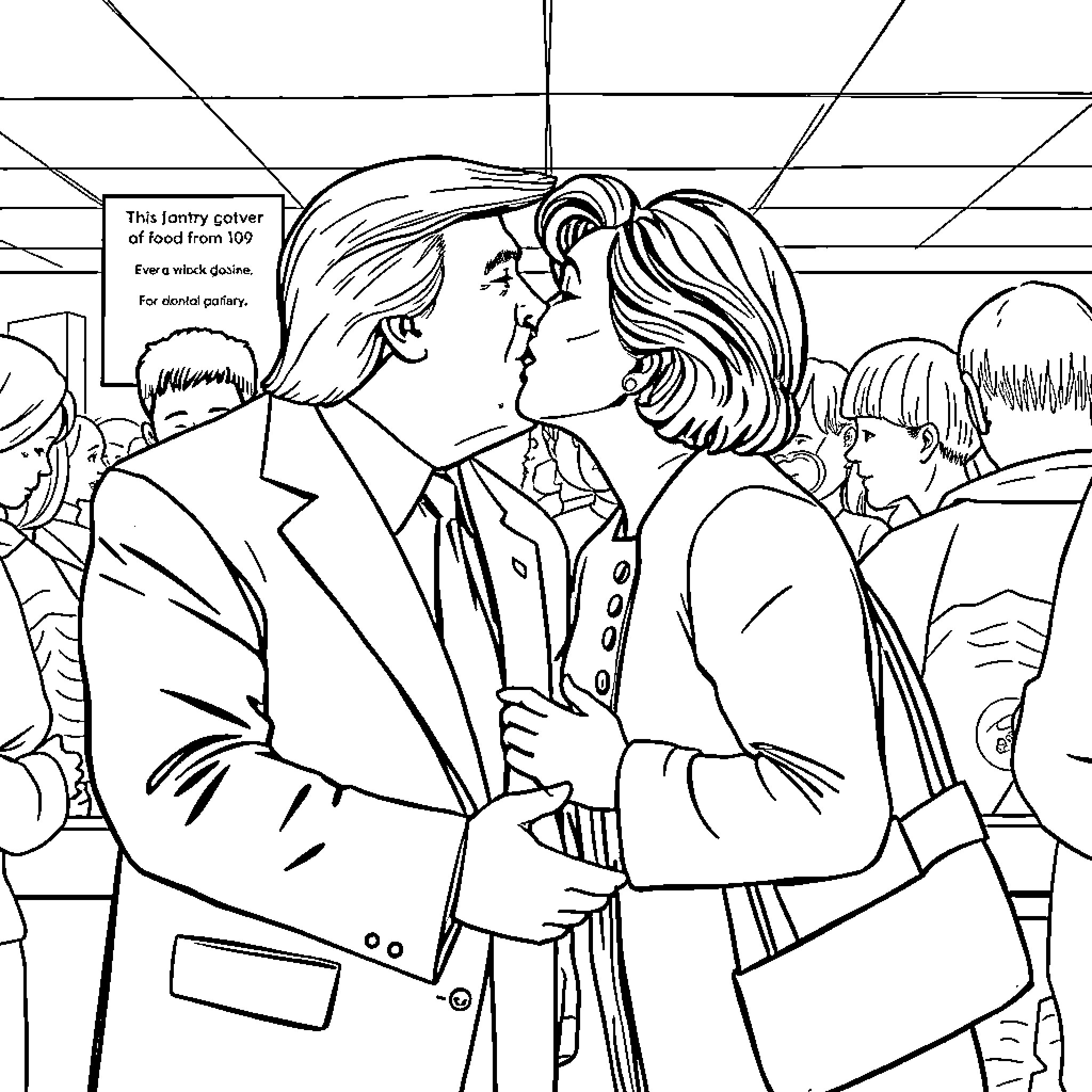 Donald Trump shaking hands with woman in formal attire Coloring Page (free black-and-white line drawing printable PDF for all, from beginners to advanced learners, including children, teens, adults, and seniors)
