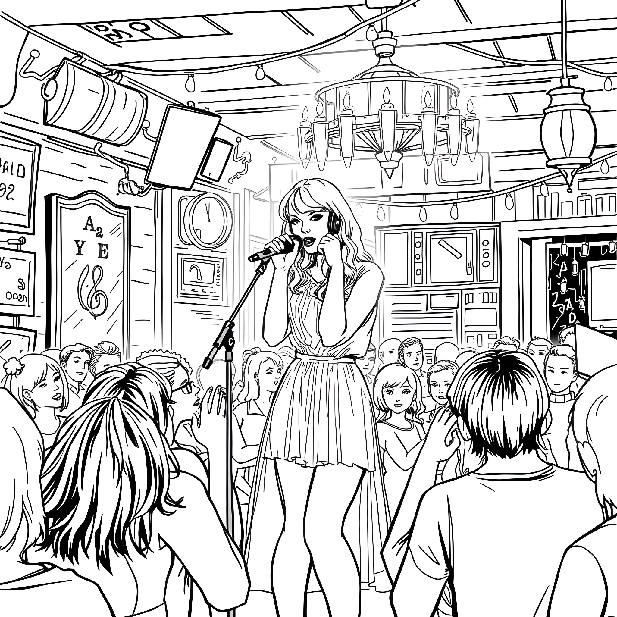 Taylor Swift performing on stage in front of a crowd Coloring Page (free black-and-white line drawing printable PDF for all, from beginners to advanced learners, including children, teens, adults, and seniors)