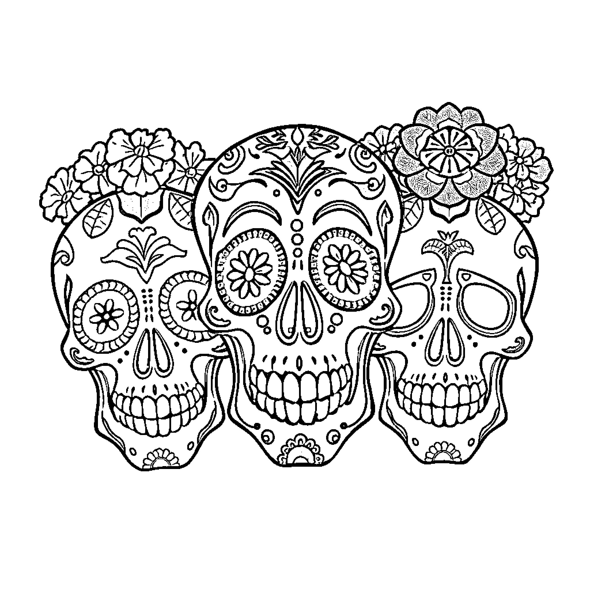 Skull Trio Surrounded by Ornate Floral Patterns Coloring Page (free black-and-white line drawing printable PDF for all, from beginners to advanced learners, including children, teens, adults, and seniors)