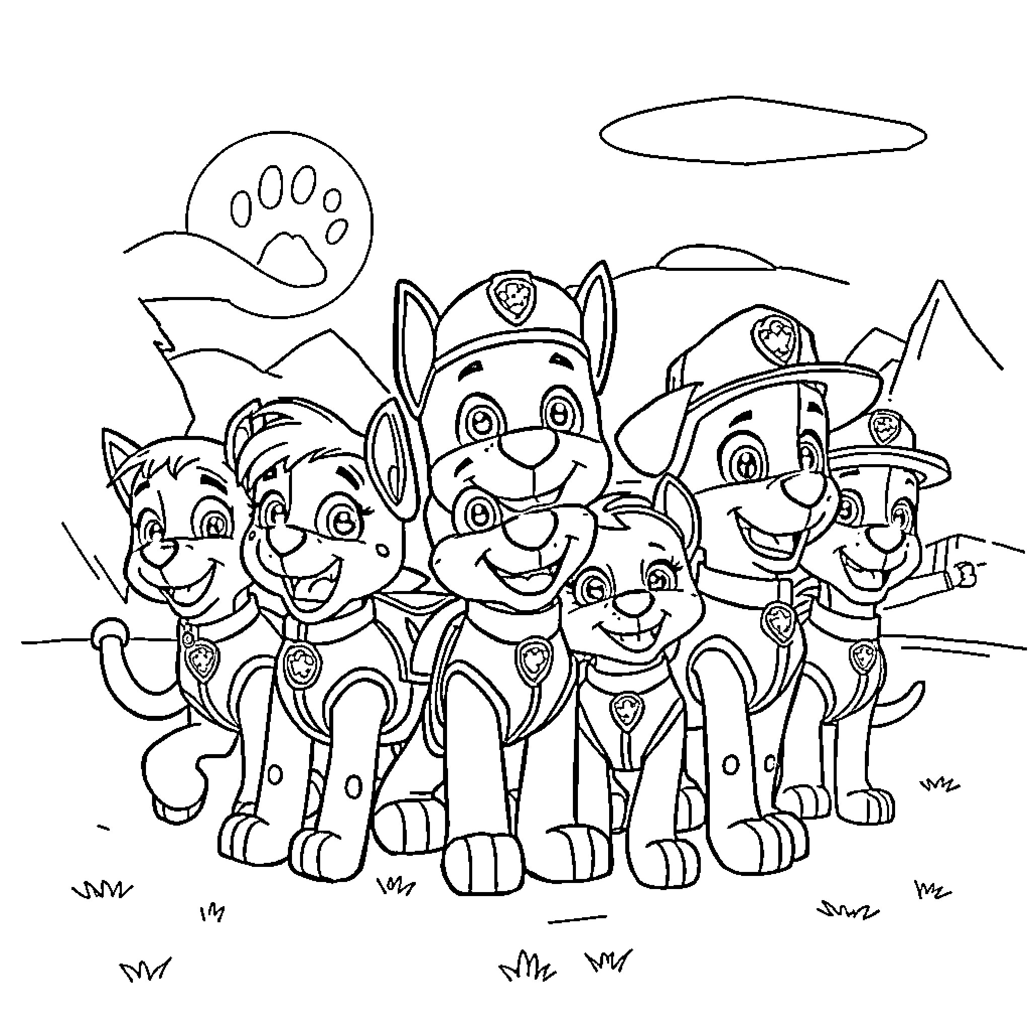 Paw Patrol group posing together in the outdoors Coloring Page (free black-and-white line drawing printable PDF for all, from beginners to advanced learners, including children, teens, adults, and seniors)