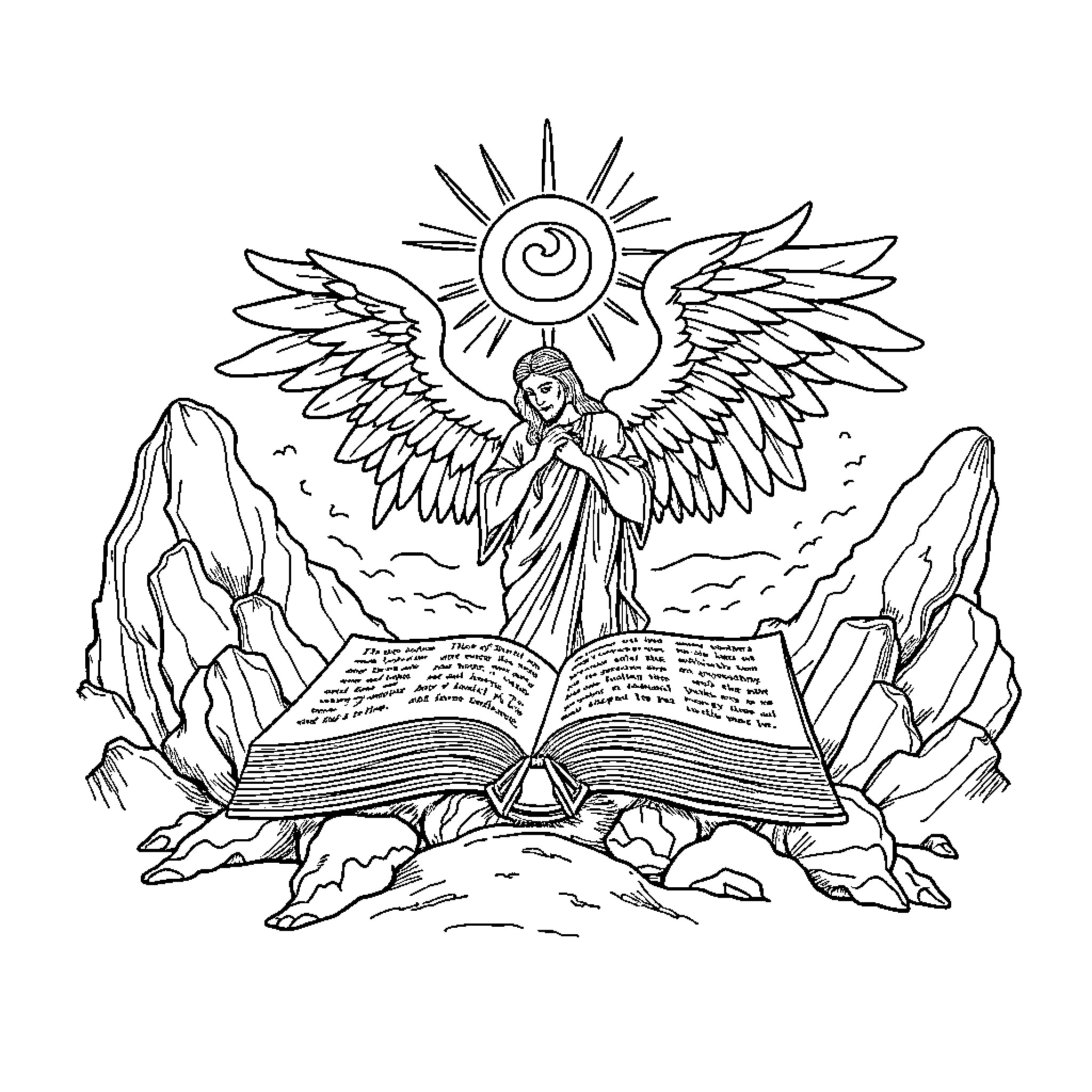 Book of Enoch: Angelic Figure Revealing Ancient Wisdom Coloring Page (free black-and-white line drawing printable PDF for all, from beginners to advanced learners, including children, teens, adults, and seniors)