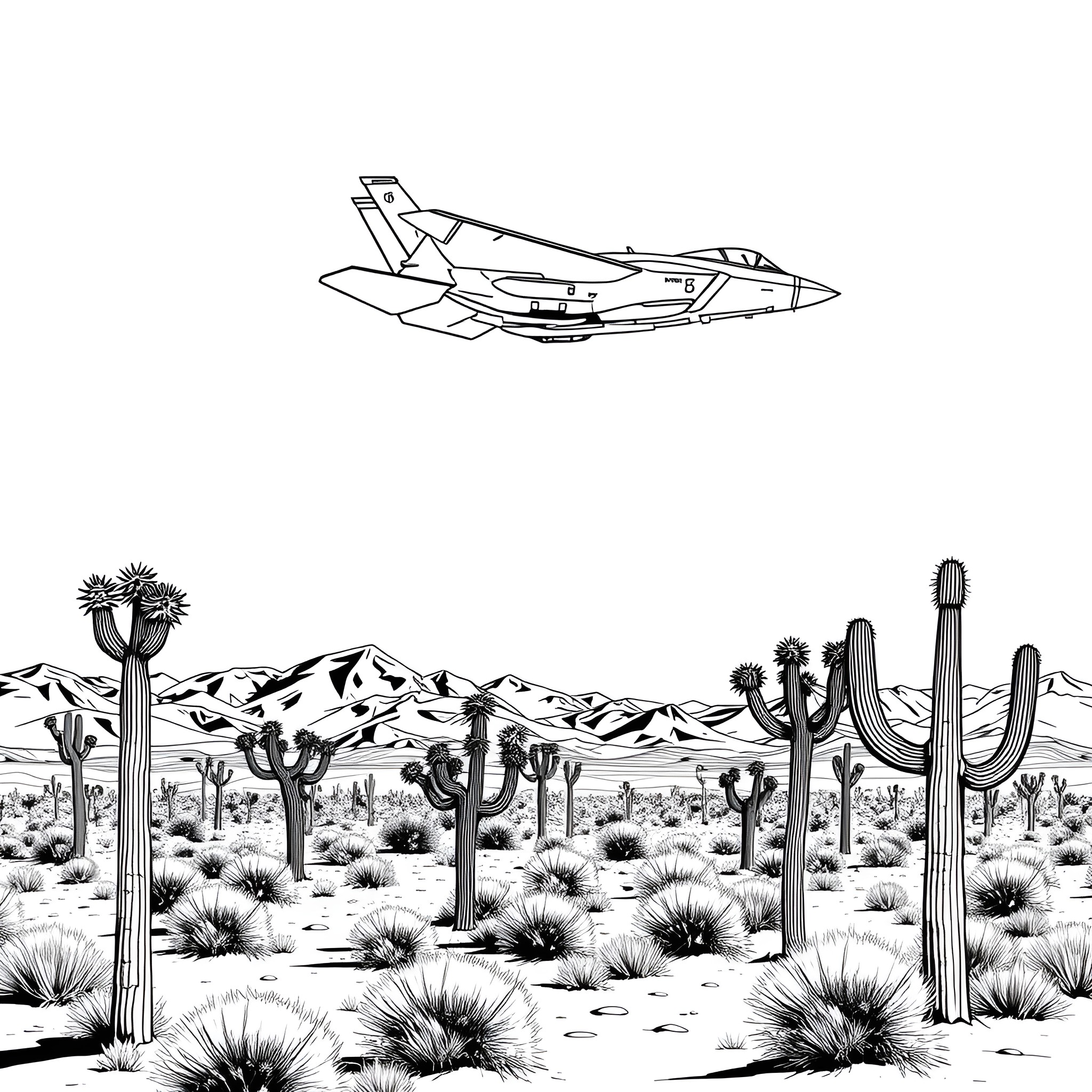 F35 Fighter Jet Soaring Over Cactus Landscape Coloring Page (free black-and-white line drawing printable PDF for all, from beginners to advanced learners, including children, teens, adults, and seniors)