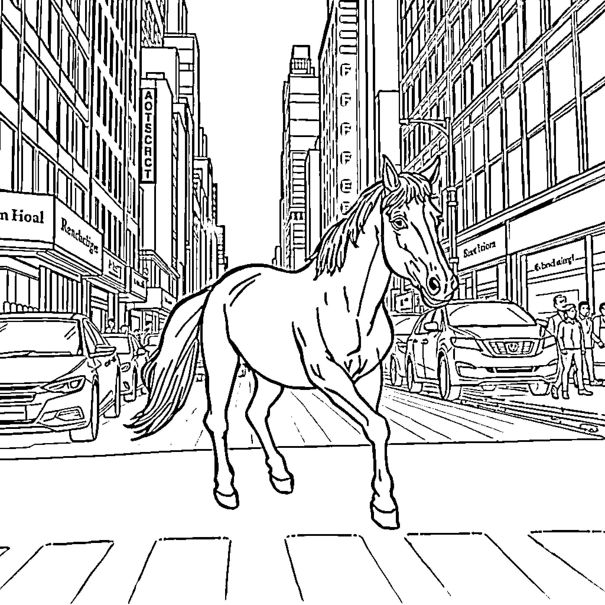 Horse walking through the bustling city streets Coloring Page (free black-and-white line drawing printable PDF for all, from beginners to advanced learners, including children, teens, adults, and seniors)