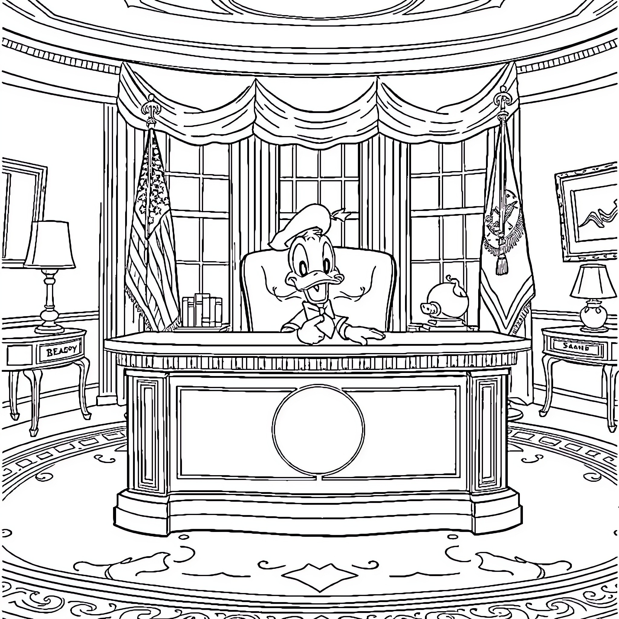 Donald Duck in the Oval Office of the White House Coloring Page (free black-and-white line drawing printable PDF for all, from beginners to advanced learners, including children, teens, adults, and seniors)