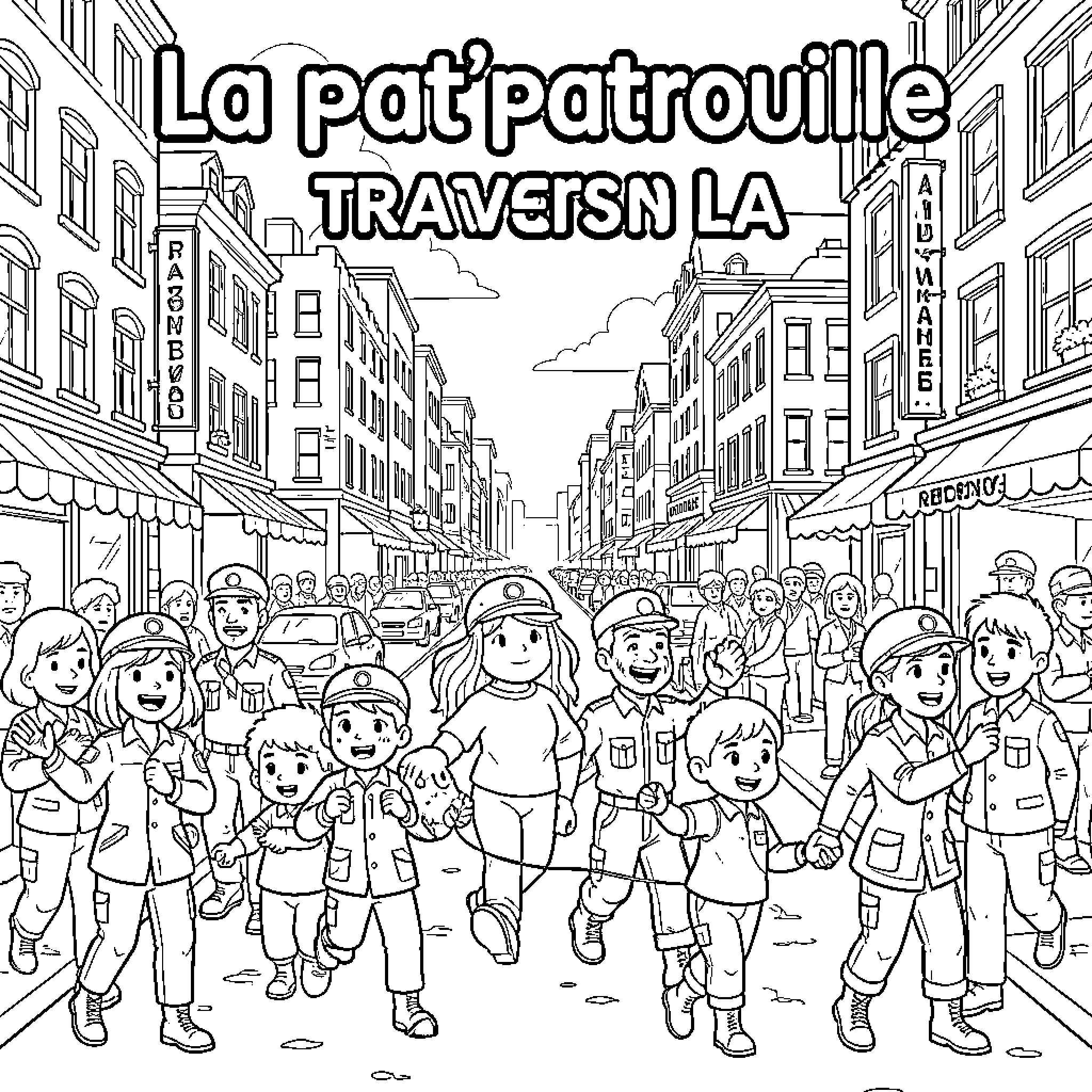 Paw Patrol characters walking through a busy city street Coloring Page (free black-and-white line drawing printable PDF for all, from beginners to advanced learners, including children, teens, adults, and seniors)