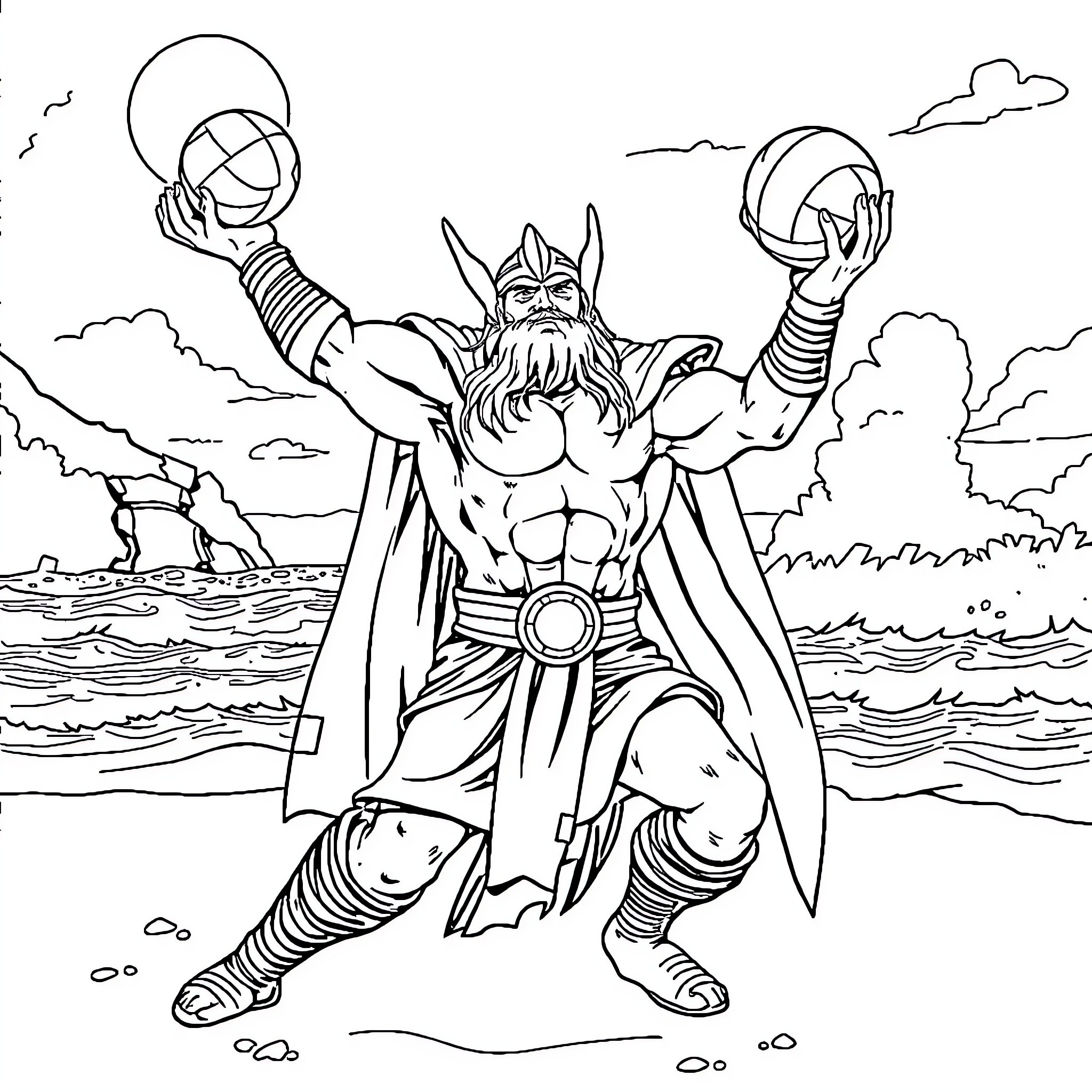 Thor Triumphantly Wielding Hammers in Dramatic Pose Coloring Page (free black-and-white line drawing printable PDF for all, from beginners to advanced learners, including children, teens, adults, and seniors)