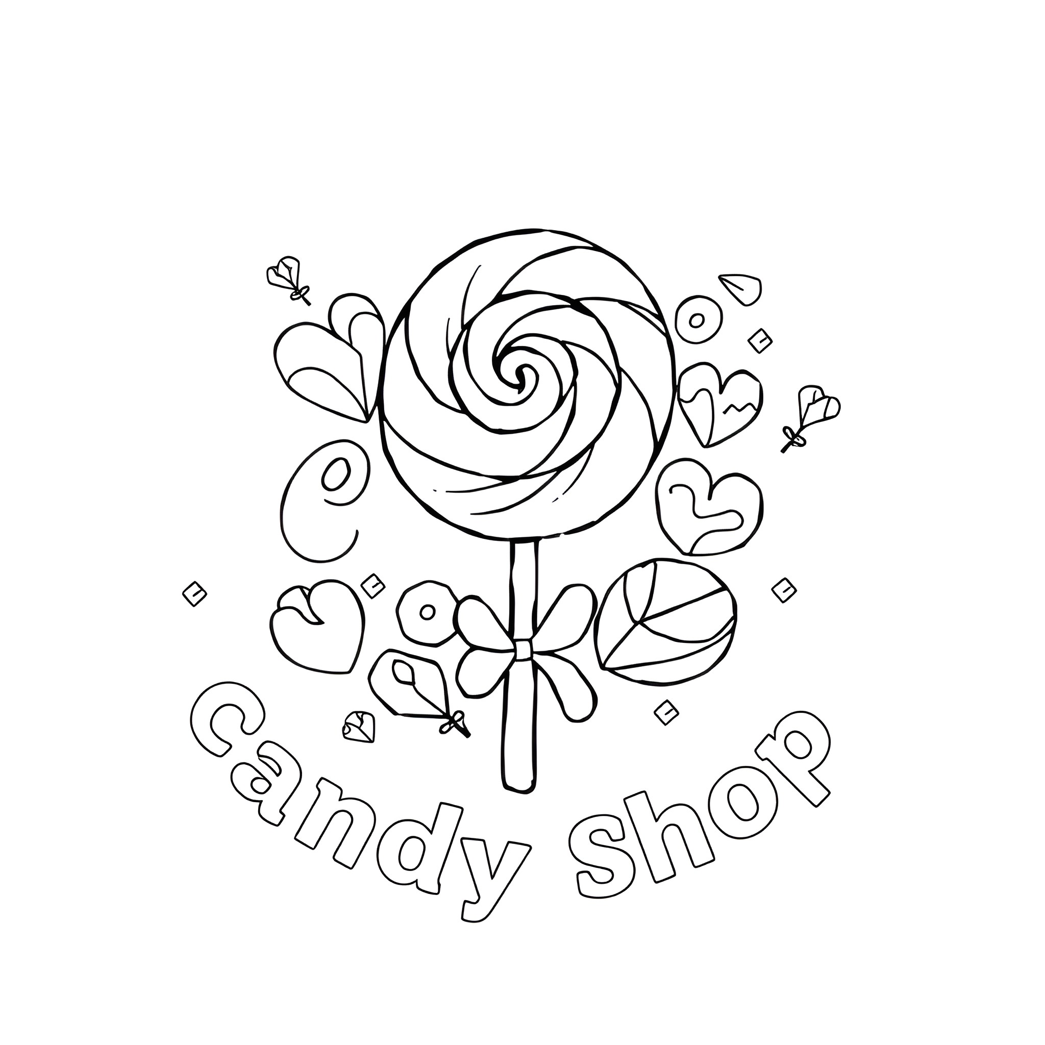 Candy Shop with Swirly Lollipop and Floral Motifs Coloring Page (free black-and-white line drawing printable PDF for all, from beginners to advanced learners, including children, teens, adults, and seniors)