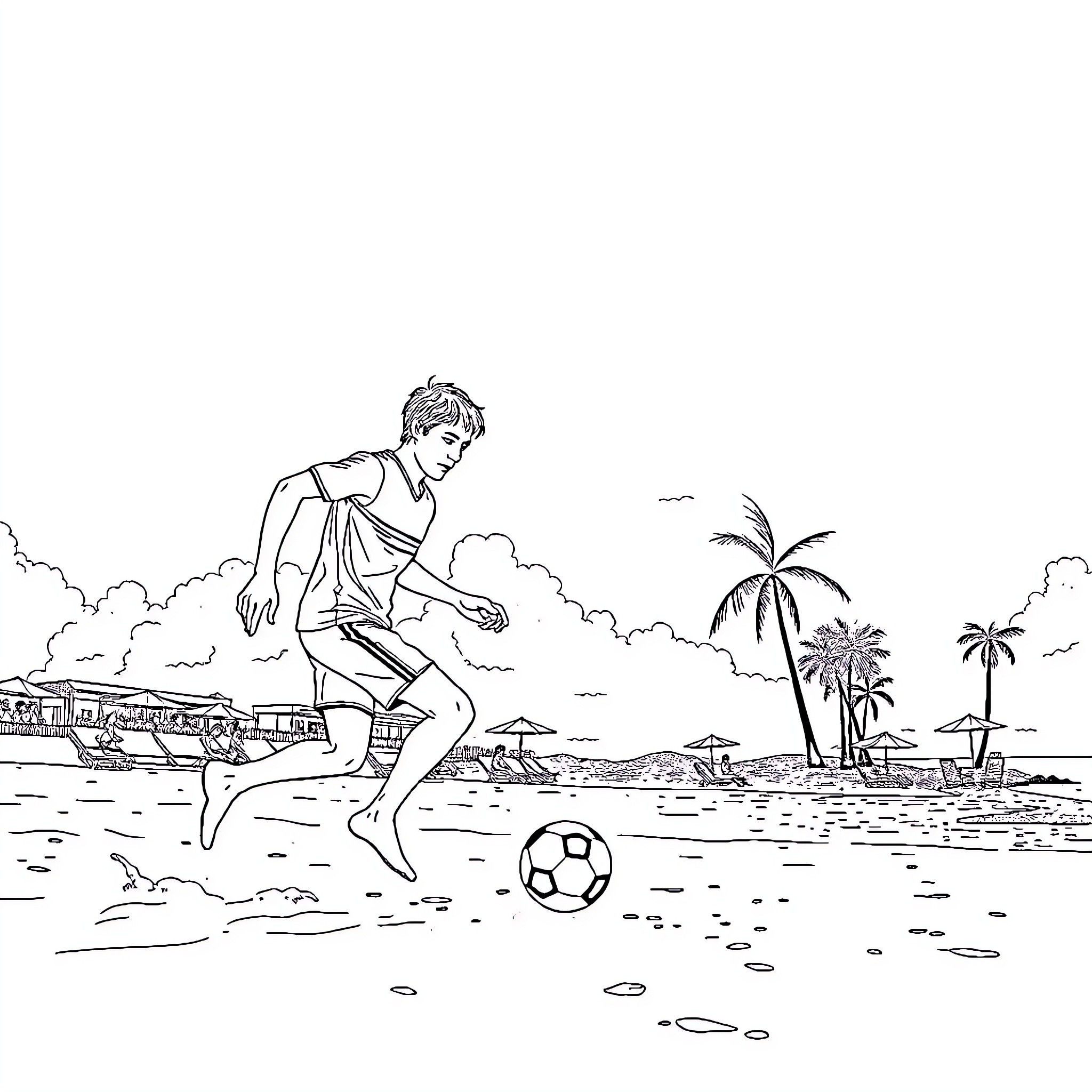 Footballeur playing beach soccer on tropical coastline Coloring Page (free black-and-white line drawing printable PDF for all, from beginners to advanced learners, including children, teens, adults, and seniors)