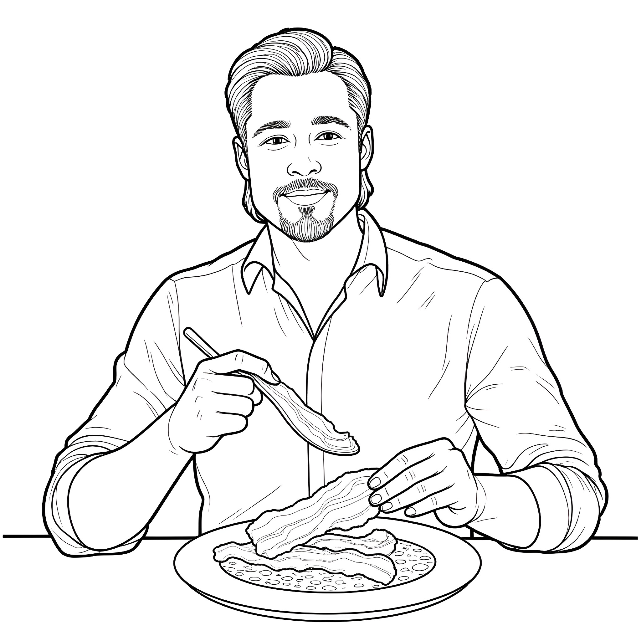 Brad Pitt enjoying a delicious meal Coloring Page (free black-and-white line drawing printable PDF for all, from beginners to advanced learners, including children, teens, adults, and seniors)