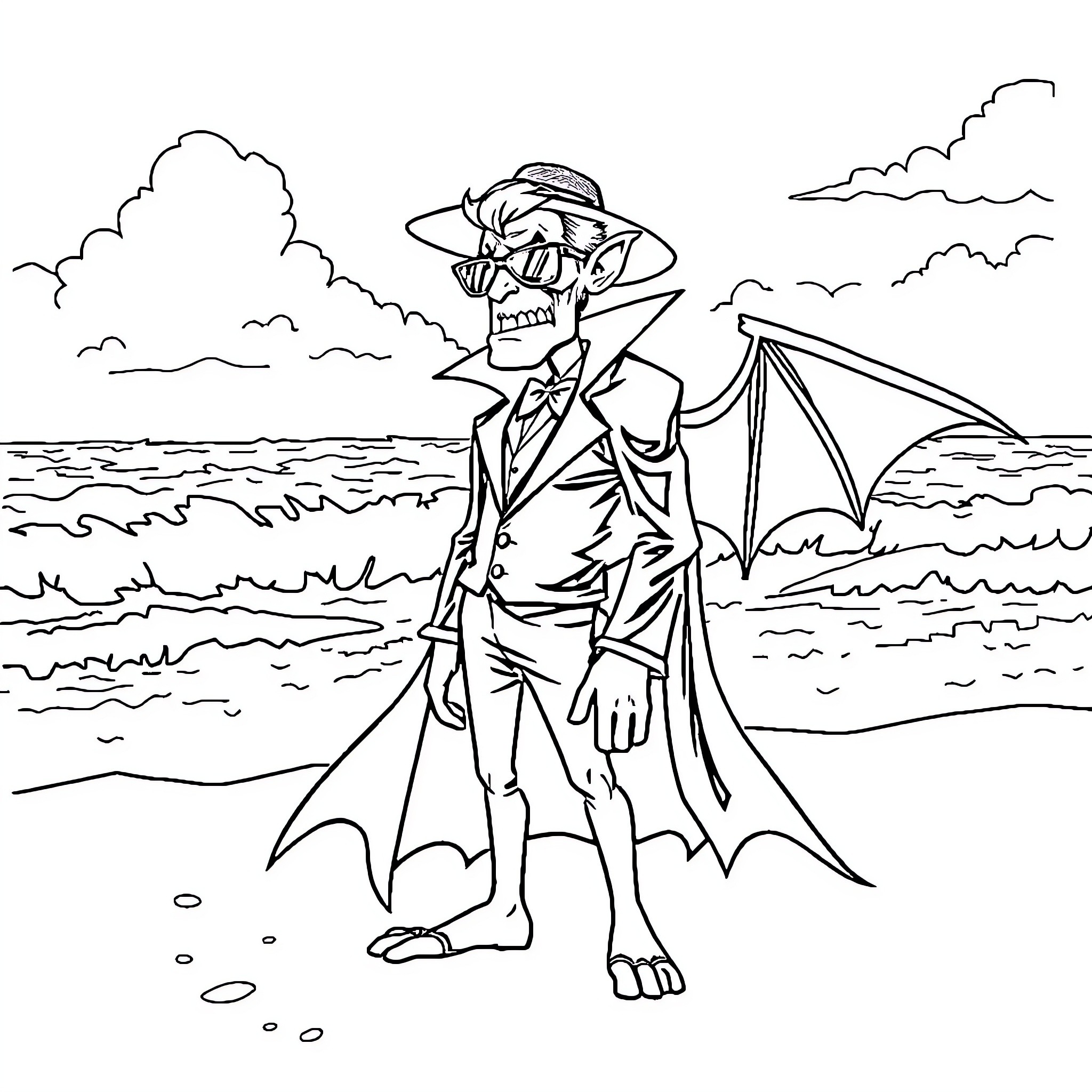 Dracula in Monstrous Form on Beachfront Coloring Page (free black-and-white line drawing printable PDF for all, from beginners to advanced learners, including children, teens, adults, and seniors)