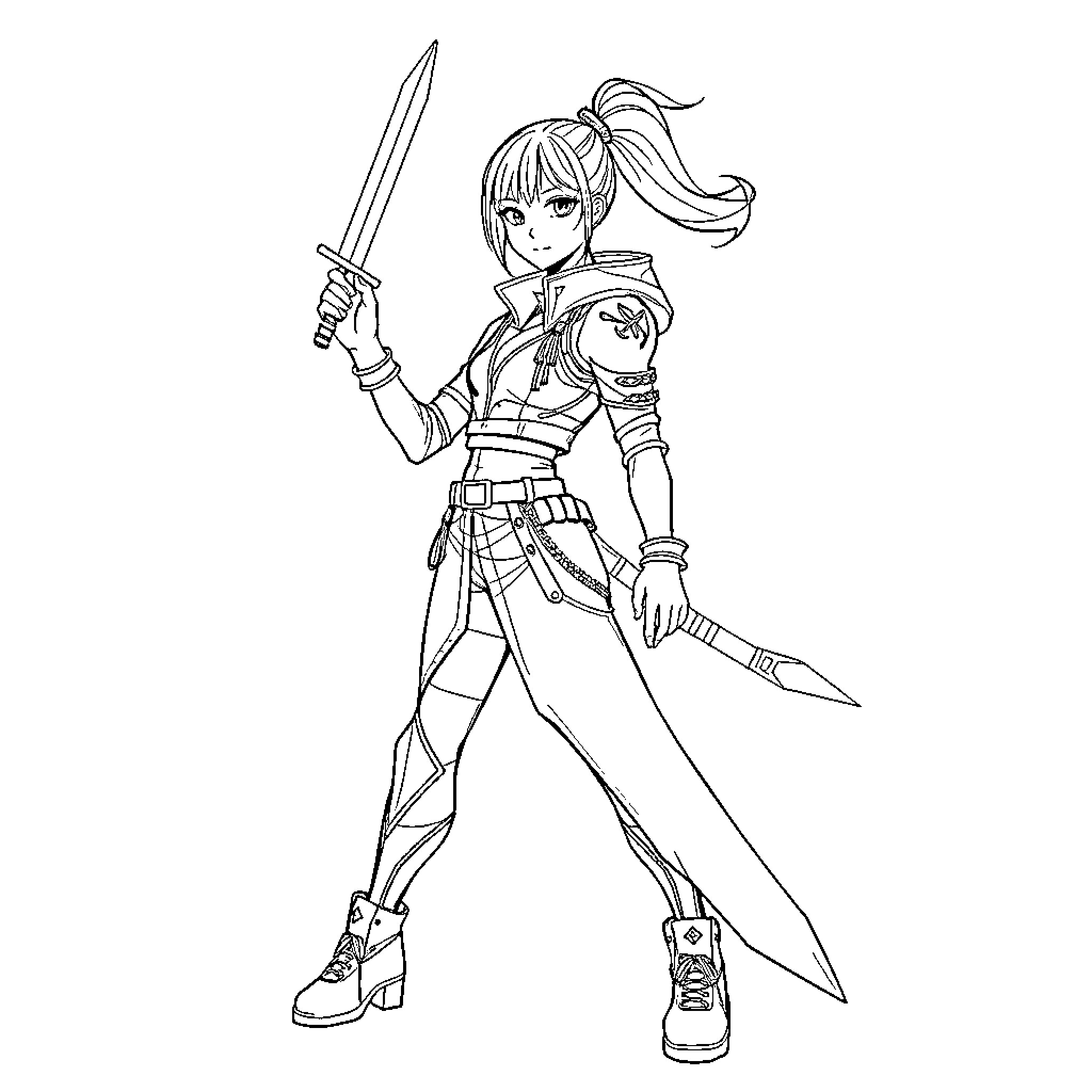 K-Pop Warrior Girl Battles with Fierce Determination Coloring Page (free black-and-white line drawing printable PDF for all, from beginners to advanced learners, including children, teens, adults, and seniors)