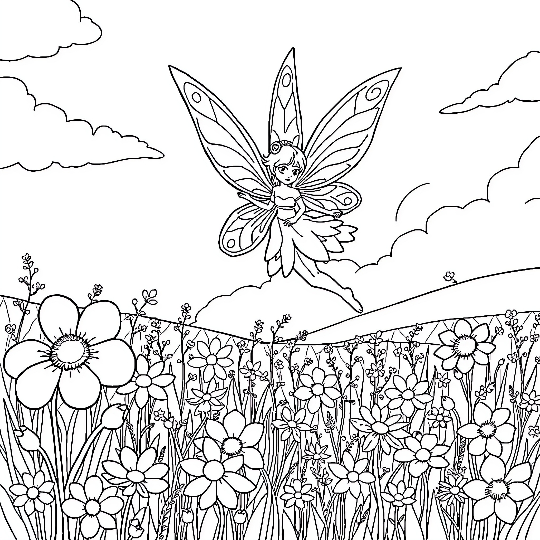 Fairy flying amidst blooming flowers in the meadow Coloring Page (free black-and-white line drawing printable PDF for all, from beginners to advanced learners, including children, teens, adults, and seniors)