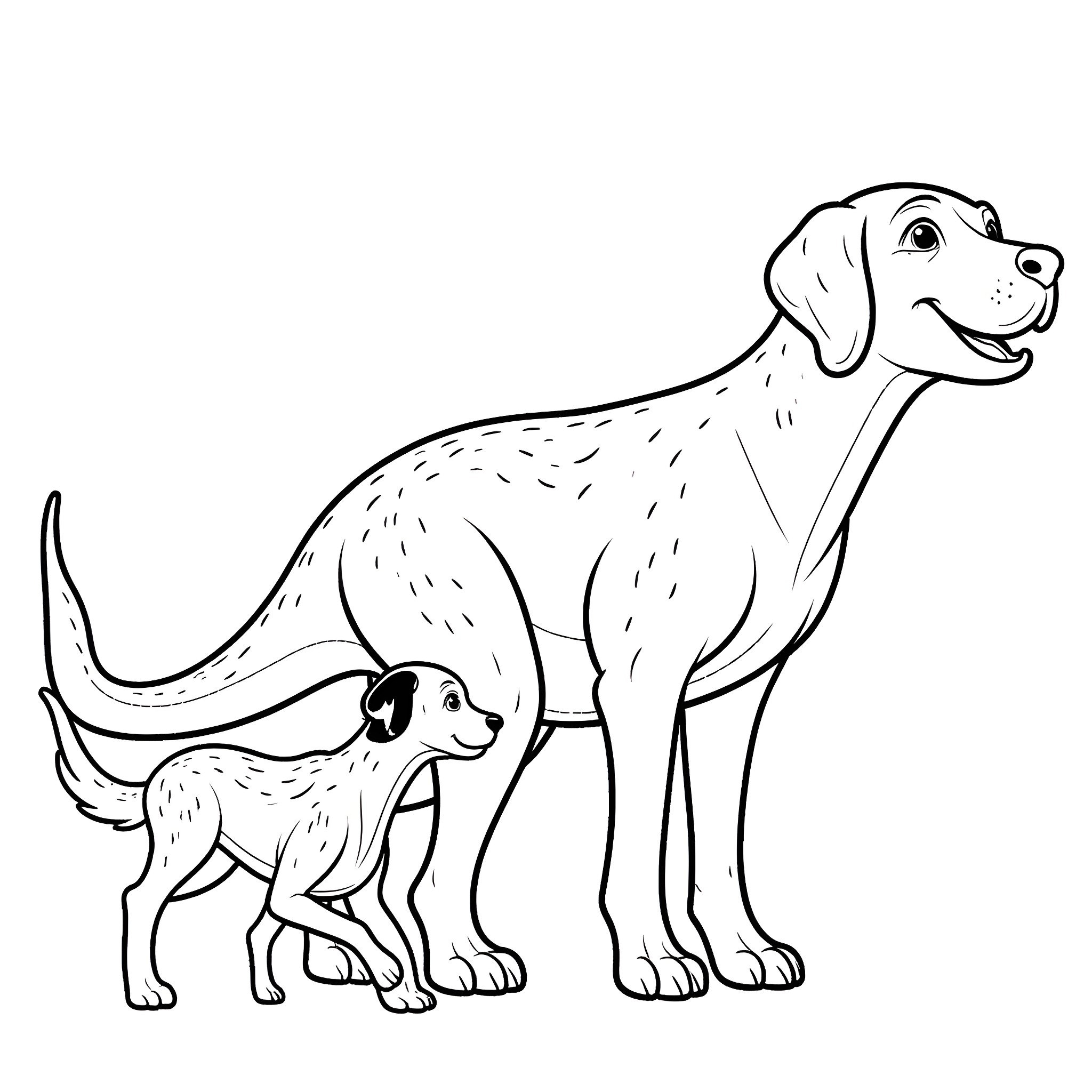 Dalmatian parent and puppy playing together Coloring Page (free black-and-white line drawing printable PDF for all, from beginners to advanced learners, including children, teens, adults, and seniors)