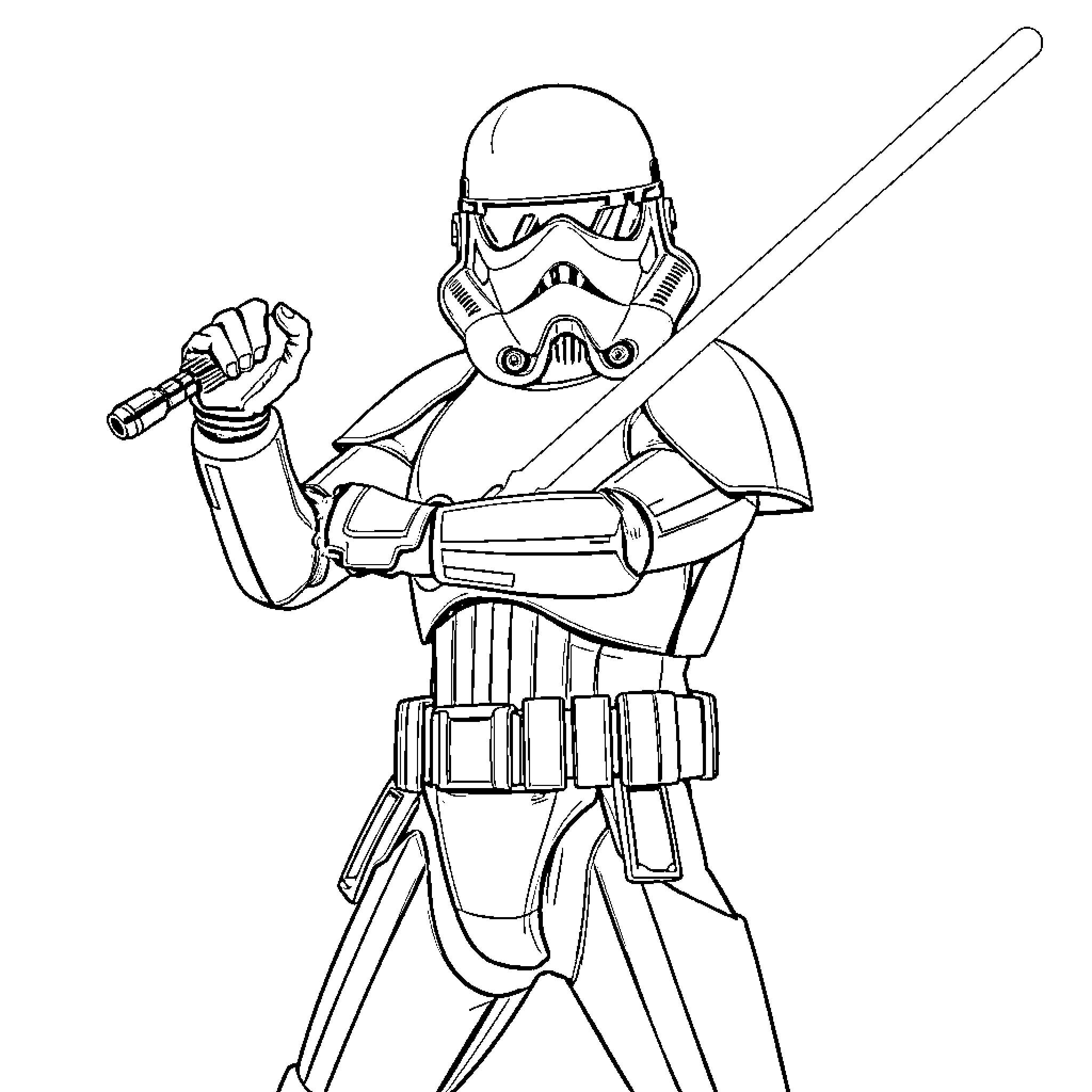 Storm Trooper wielding blaster in action pose Coloring Page (free black-and-white line drawing printable PDF for all, from beginners to advanced learners, including children, teens, adults, and seniors)
