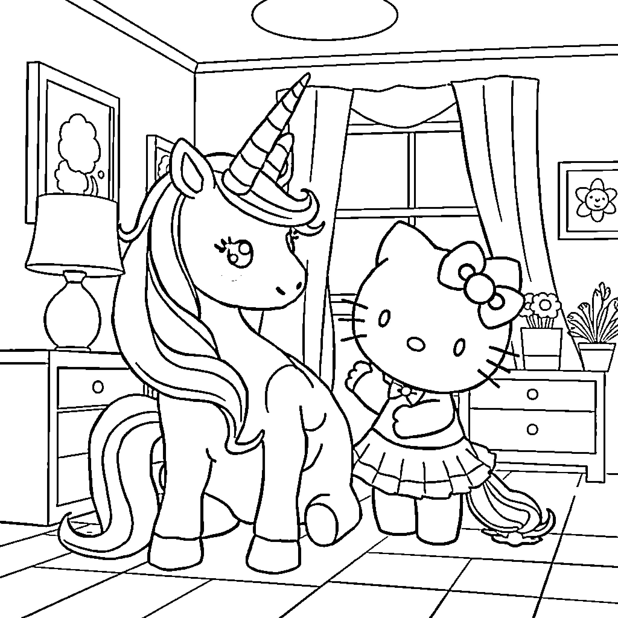 Unicorn and Hello Kitty Enjoying a Magical Moment Coloring Page (free black-and-white line drawing printable PDF for all, from beginners to advanced learners, including children, teens, adults, and seniors)
