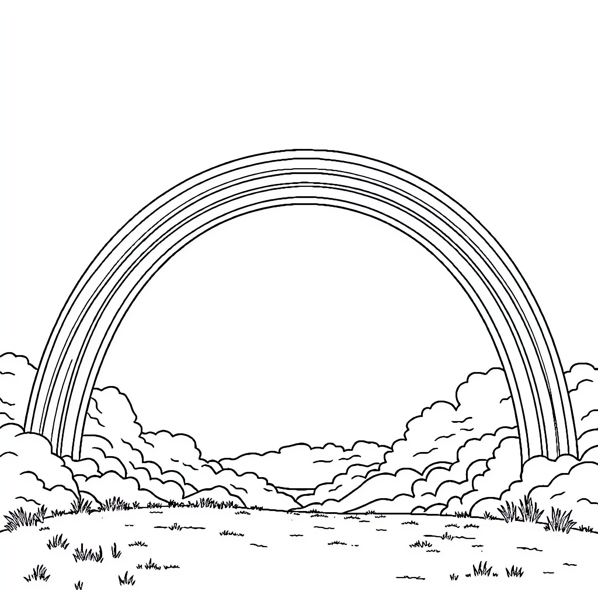 Rainbow Arch Over Cloudy Landscape Coloring Page (free black-and-white line drawing printable PDF for all, from beginners to advanced learners, including children, teens, adults, and seniors)