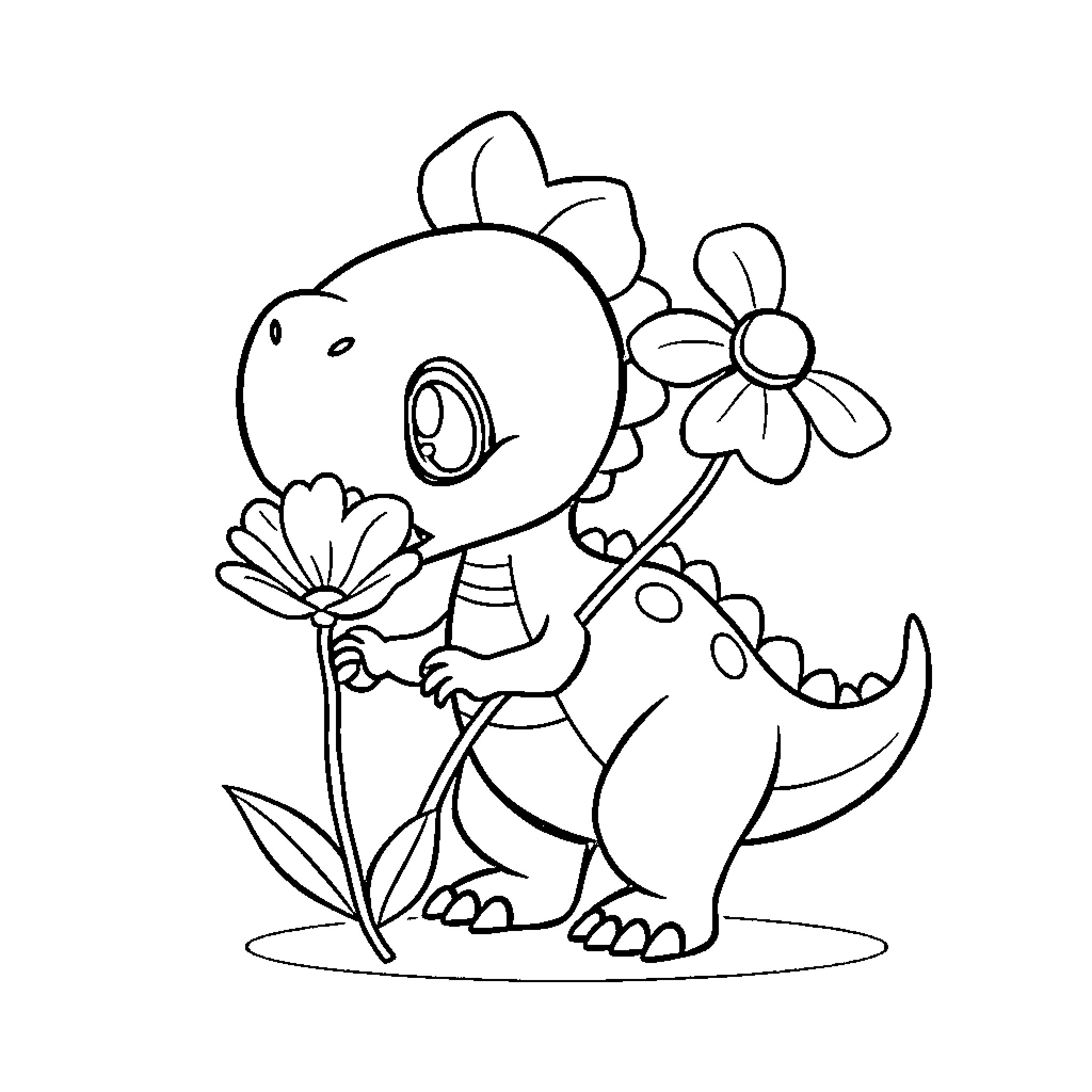Dinosaur holding a flower Coloring Page (free black-and-white line drawing printable PDF for all, from beginners to advanced learners, including children, teens, adults, and seniors)