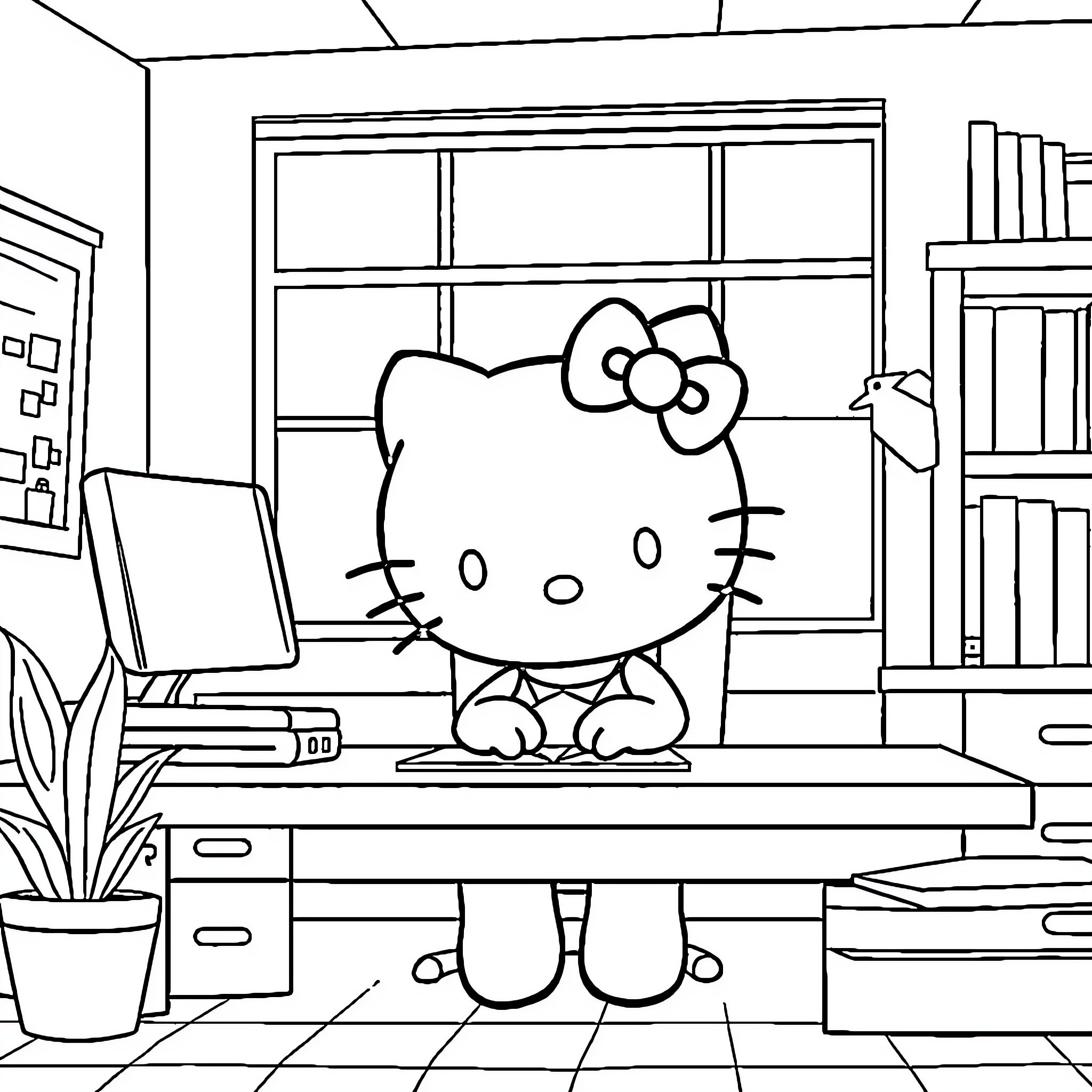 Hello Kitty sitting on desk in study room Coloring Page (free black-and-white line drawing printable PDF for all, from beginners to advanced learners, including children, teens, adults, and seniors)