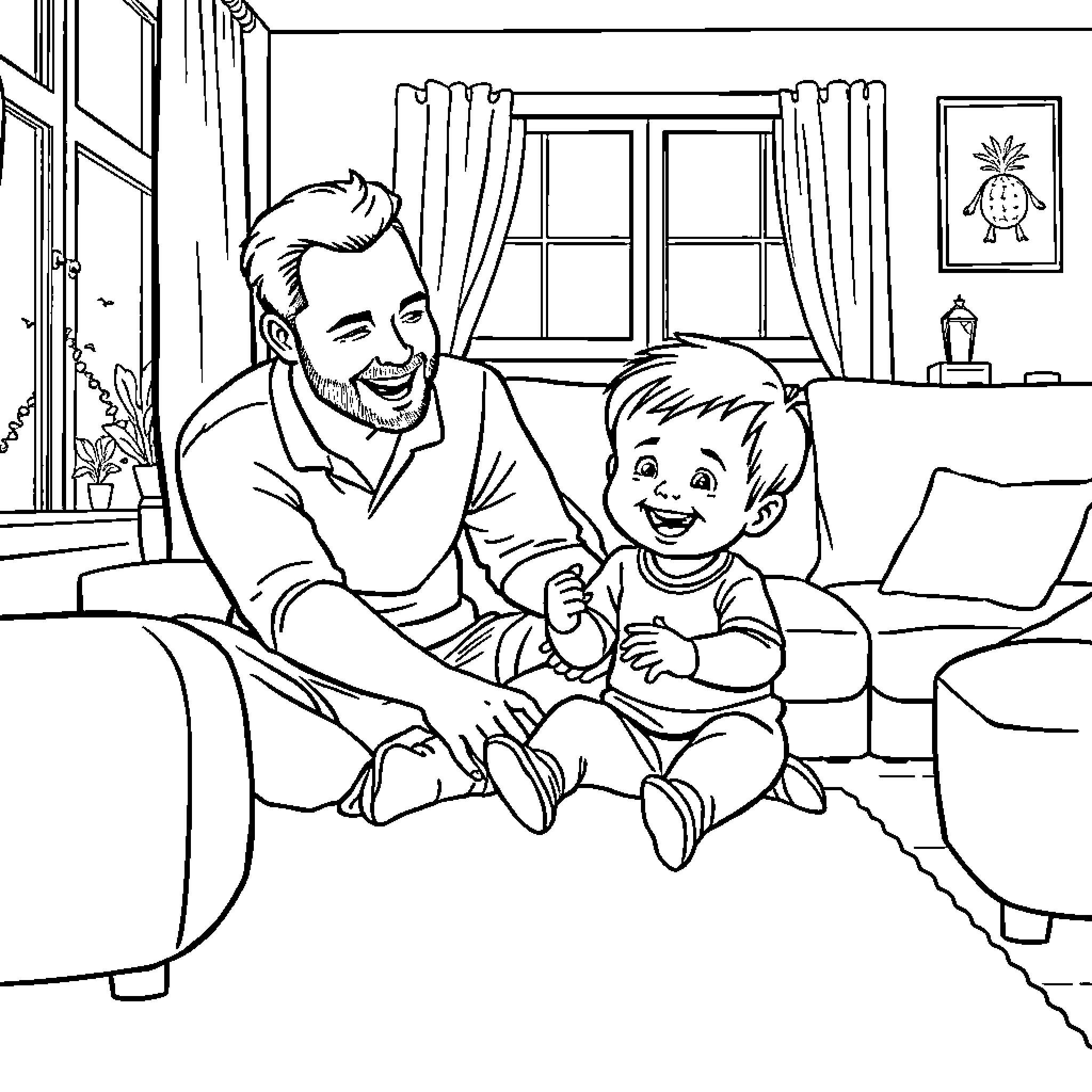 Boy spending quality time with father in living room Coloring Page (free black-and-white line drawing printable PDF for all, from beginners to advanced learners, including children, teens, adults, and seniors)