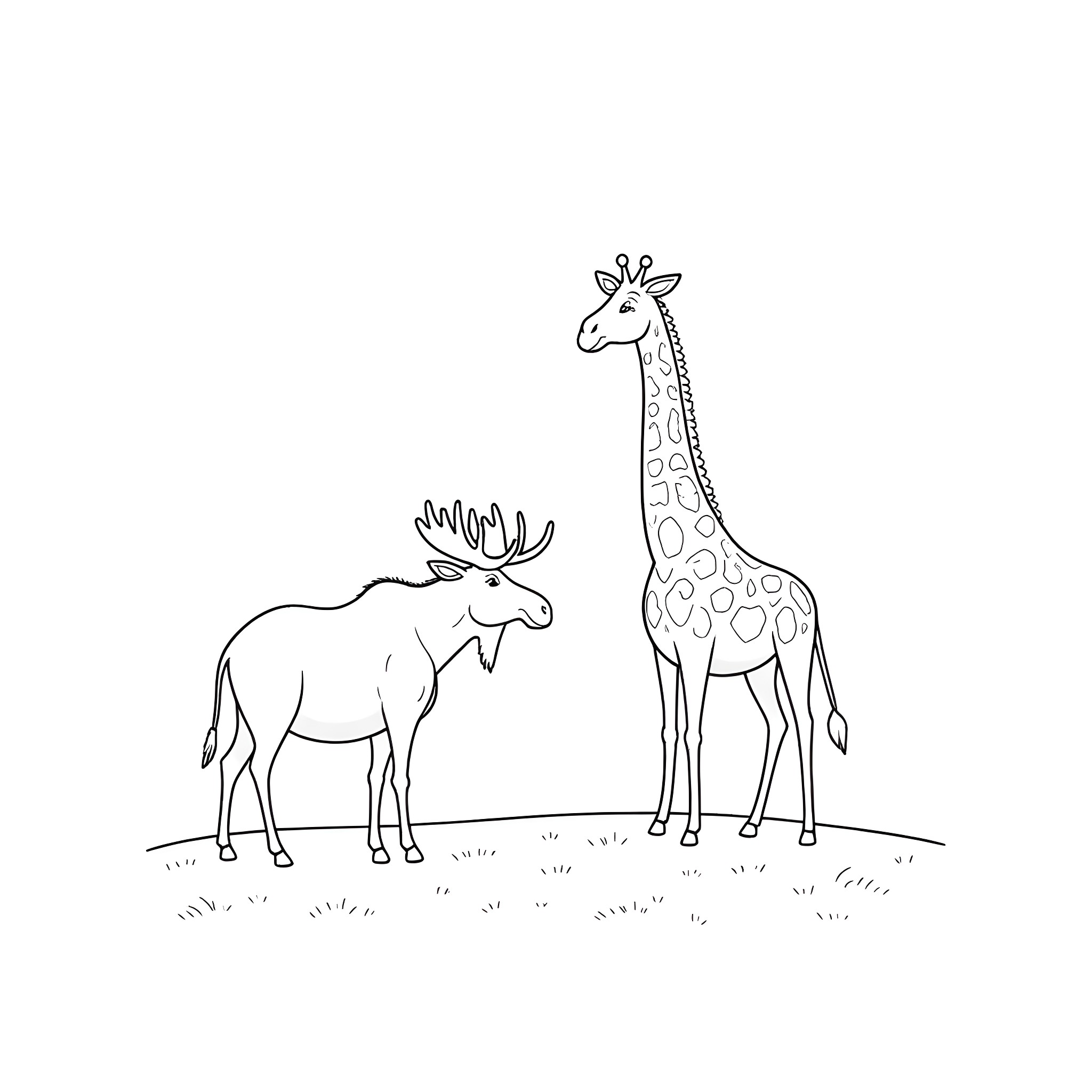 Moose and Giraffe in Nature Coloring Page (free black-and-white line drawing printable PDF for all, from beginners to advanced learners, including children, teens, adults, and seniors)