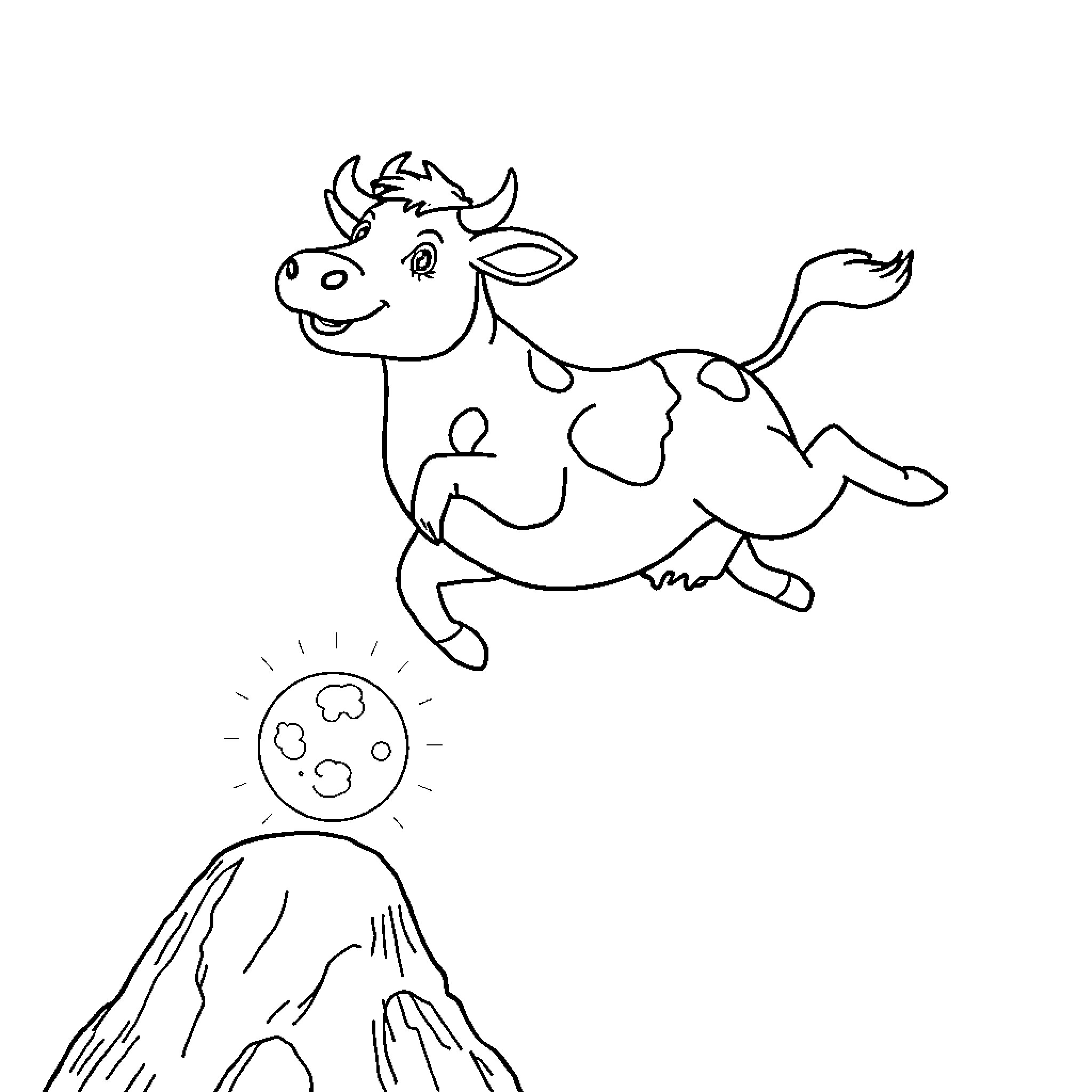Cow jumping playfully over a hill Coloring Page (free black-and-white line drawing printable PDF for all, from beginners to advanced learners, including children, teens, adults, and seniors)